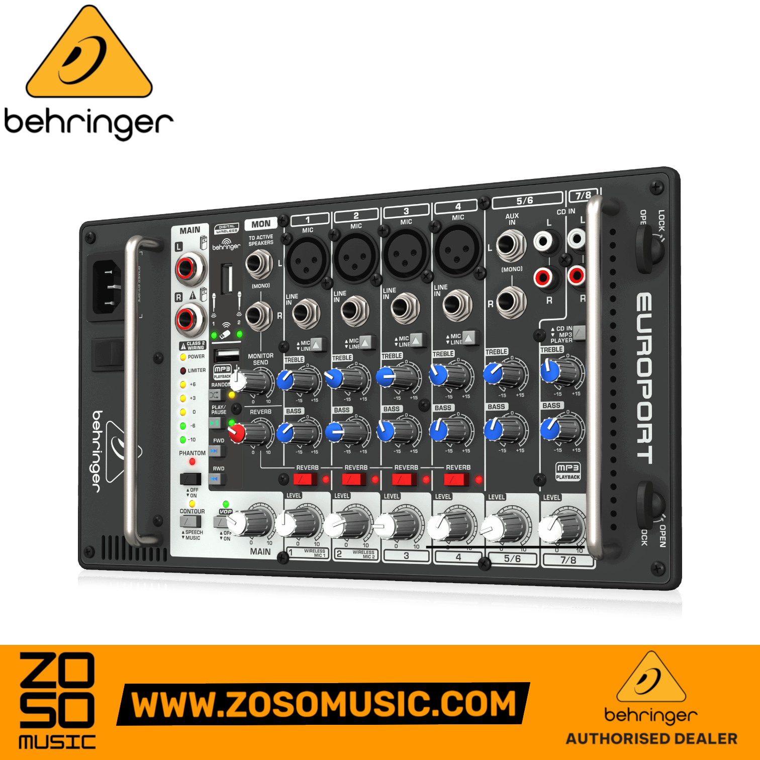 Zoso Music Behringer Europort EPS500MP3 detachable 8-channel mixer panel with MP3 player and mic inputs