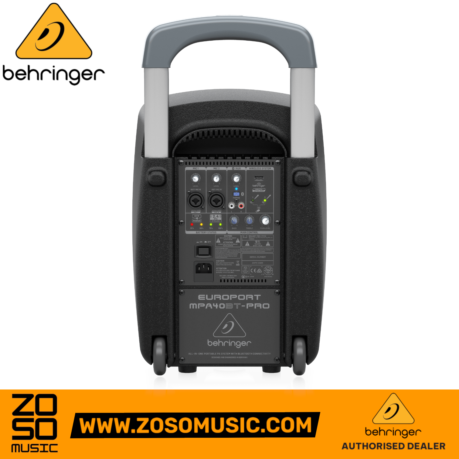 Zoso Music Behringer Europort MPA40BT-PRO portable PA system rear control panel with retractable handle and wheels