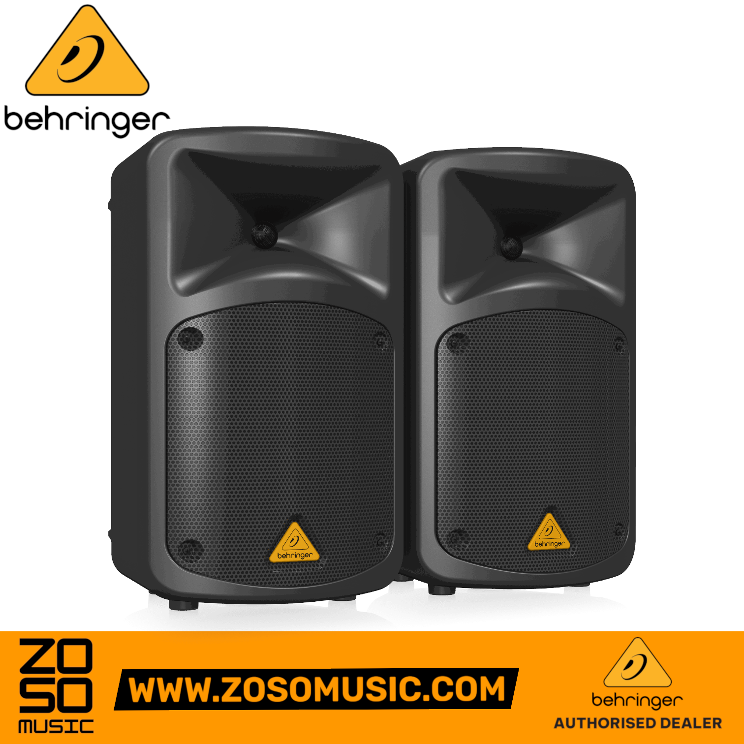 Zoso Music Behringer Europort EPS500MP3 portable PA system featuring two black speakers with 8-inch woofers