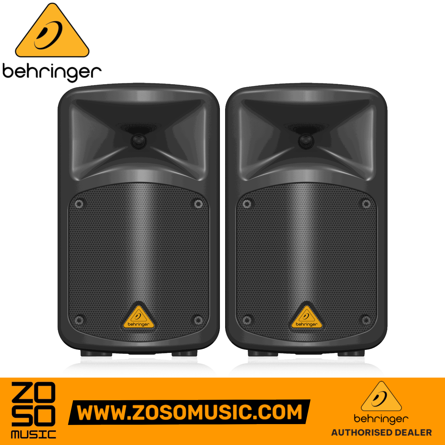 Zoso Music Behringer Europort EPS500MP3 portable PA system featuring two black 8-inch speakers with integrated design.