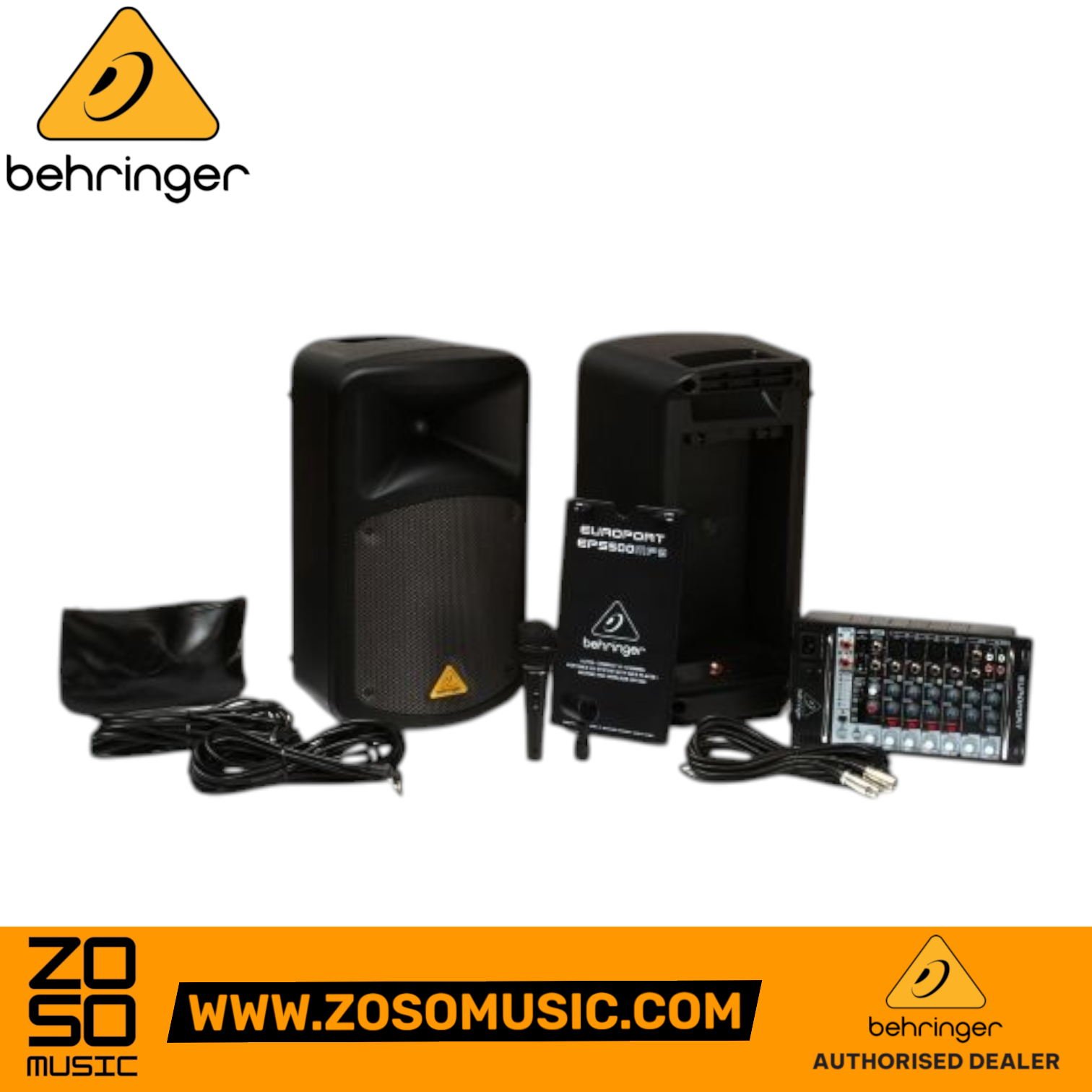 Zoso Music Behringer Europort EPS500MP3 portable PA system with two speakers, detachable mixer, and microphone.