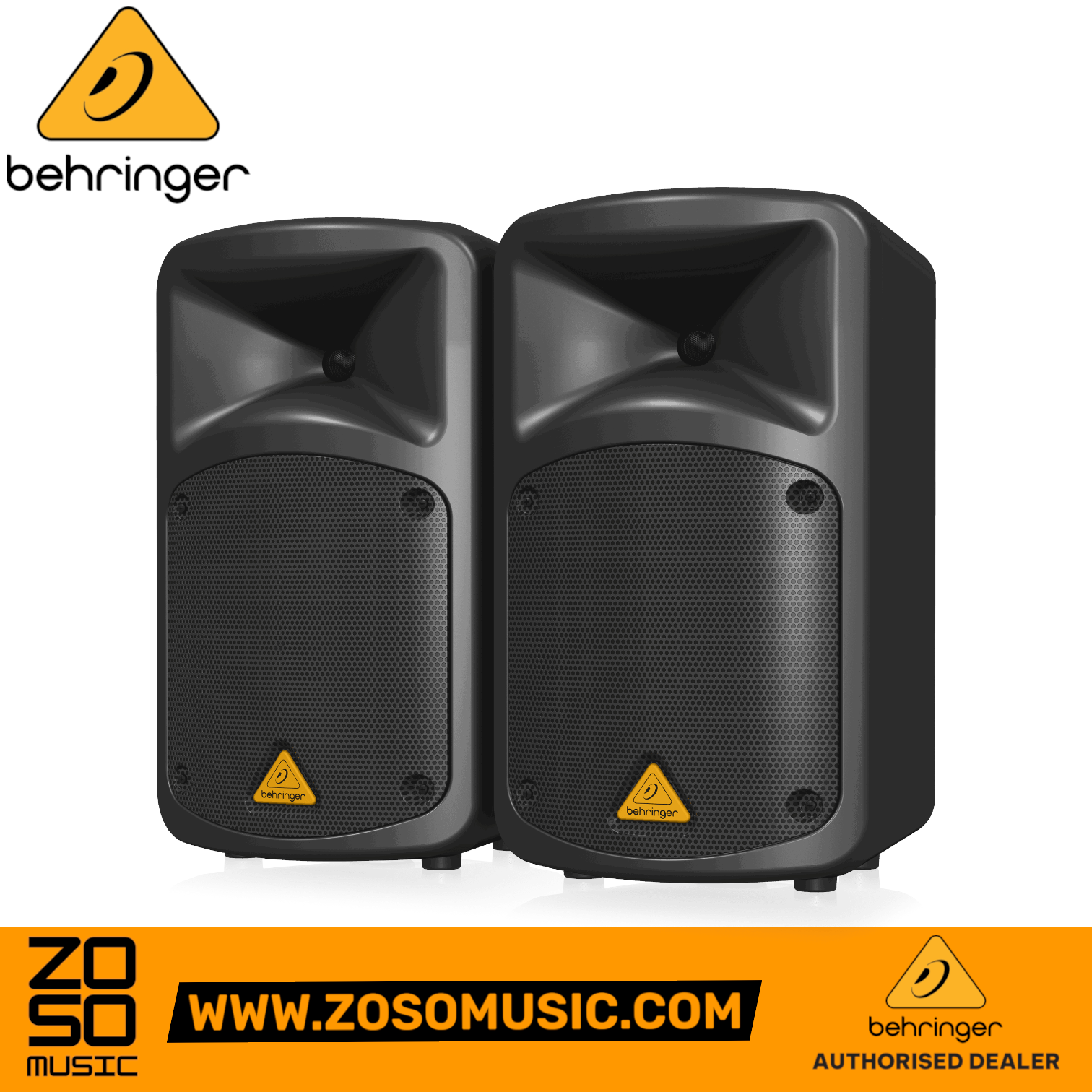 Zoso Music Behringer Europort EPS500MP3 portable PA system featuring two black speakers with 8-inch woofers
