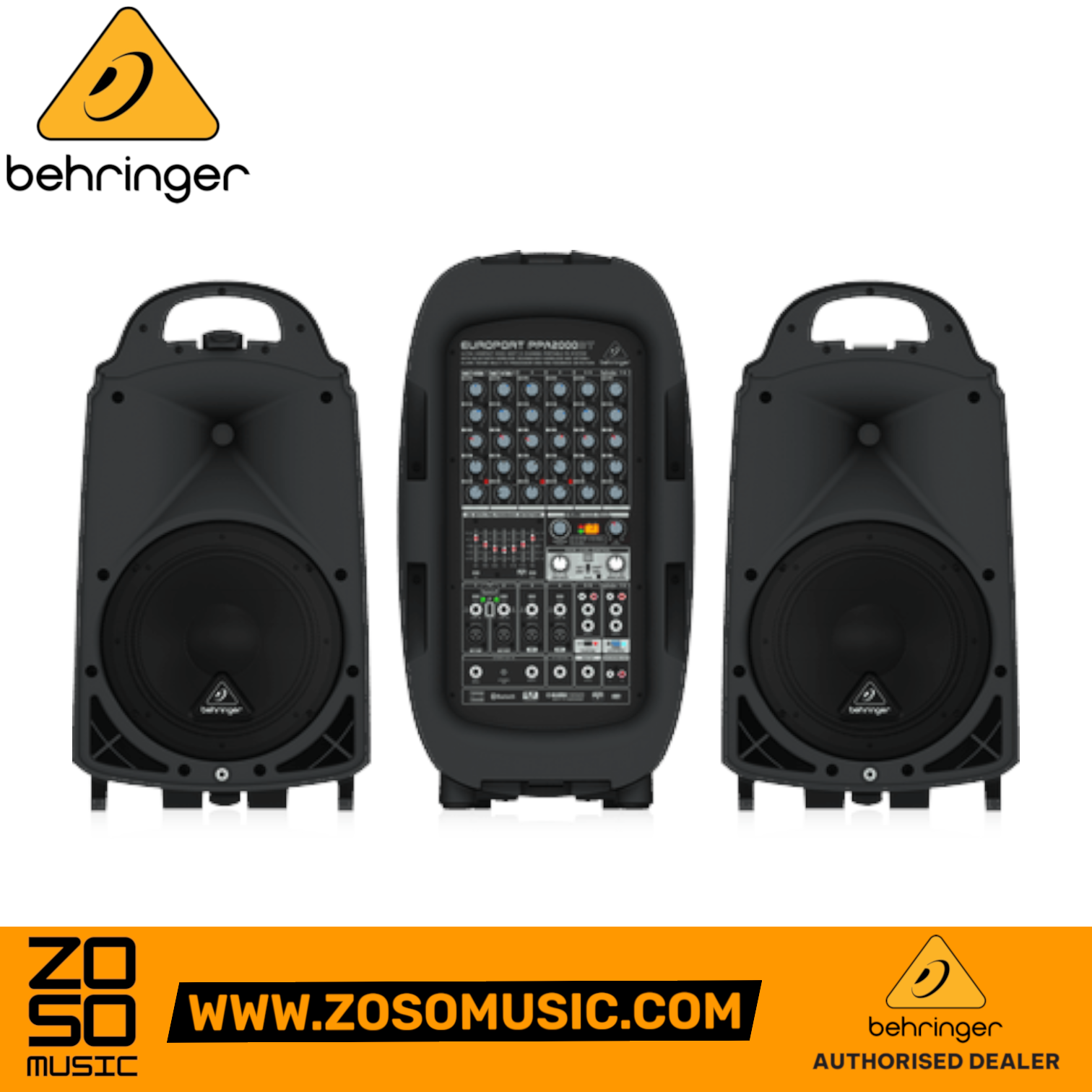 Zoso Music Behringer Europort PPA2000BT portable 8-channel PA system with two speakers and central mixer unit