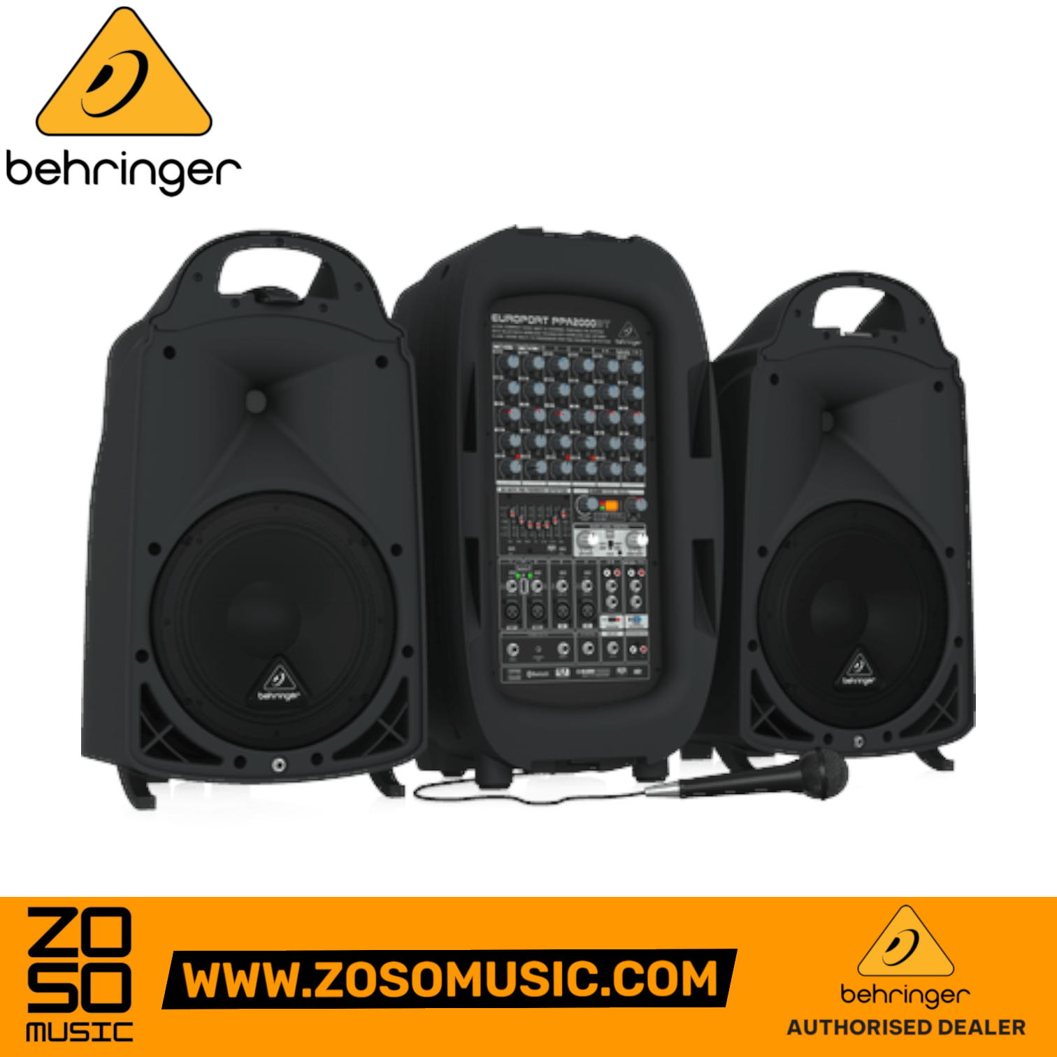Zoso Music Behringer Europort PPA2000BT portable 8-channel PA system with two speakers, mixer, and wired microphone.