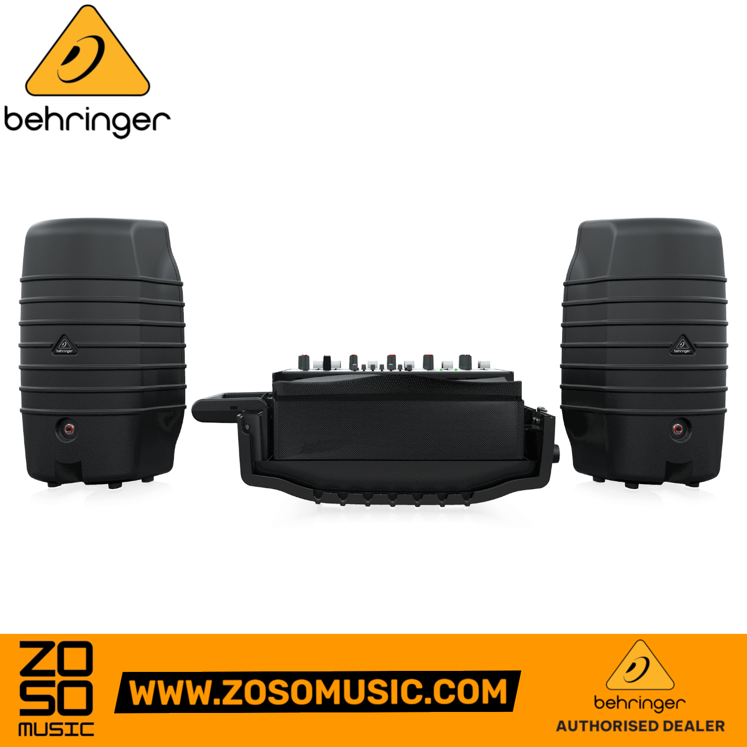 Zoso Music Behringer Europort PPA200 portable 200-watt PA system with two black speakers and a central mixer unit.