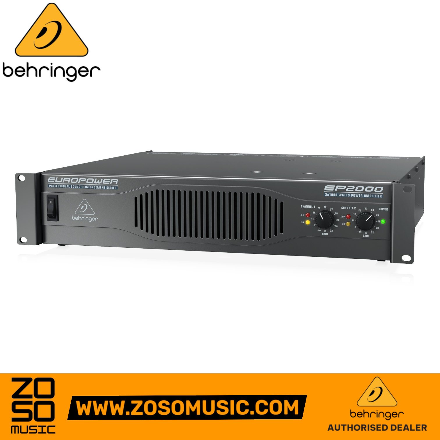 Zoso Music Behringer Europower EP2000 2-channel rackmount power amplifier with front gain controls and LED indicators
