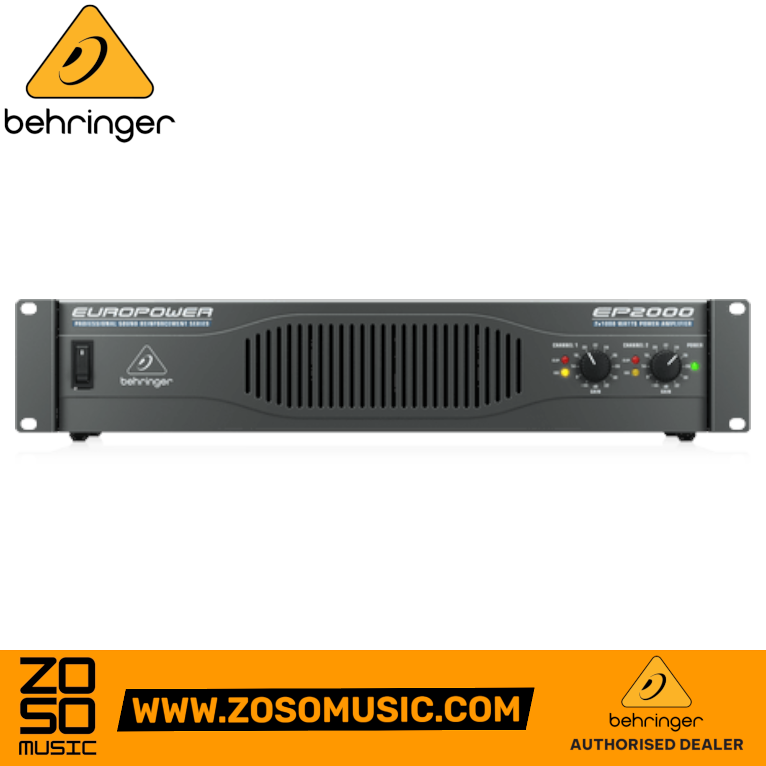 Zoso Music Behringer Europower EP2000 2-channel rackmount power amplifier with front panel gain controls and LEDs