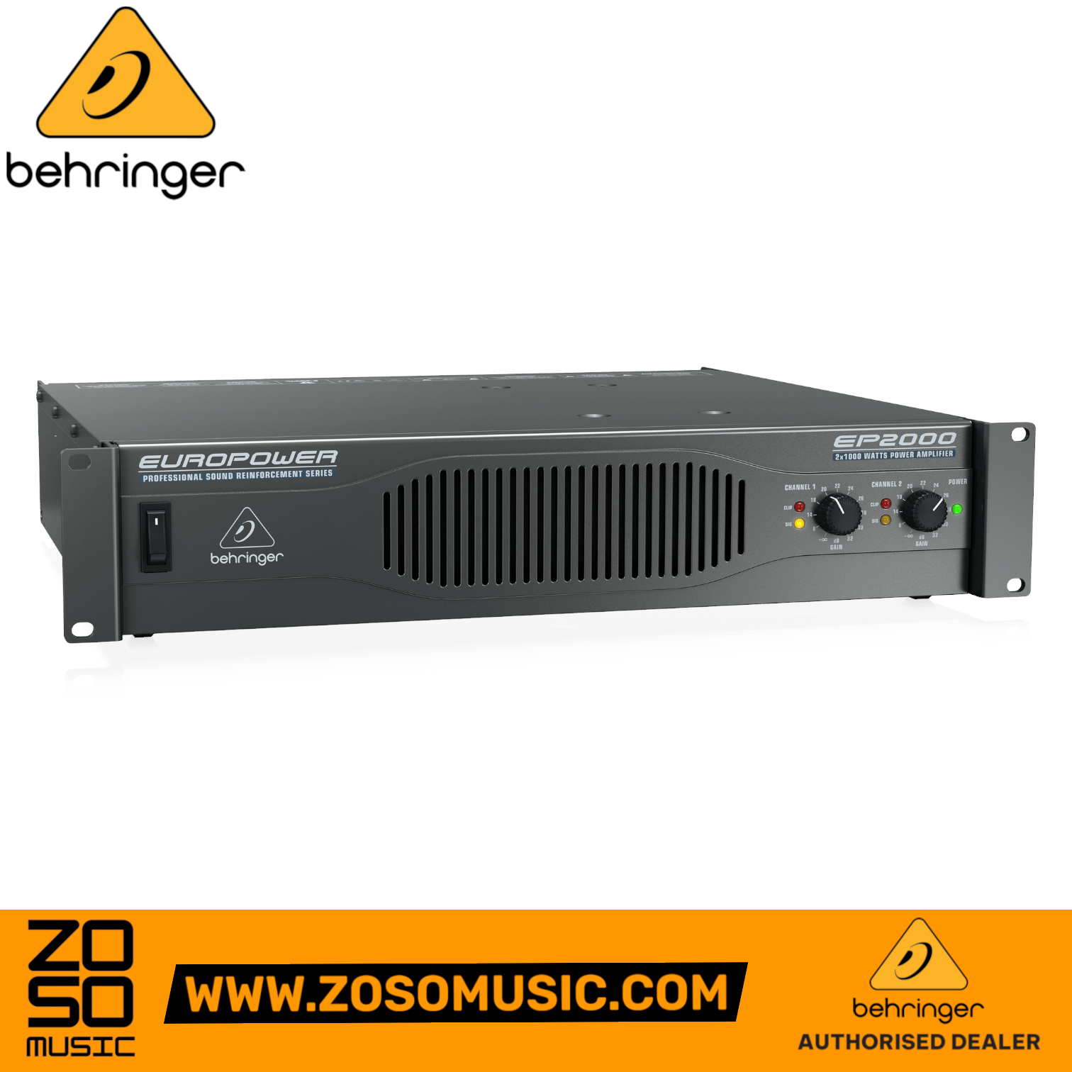 Zoso Music Behringer Europower EP2000 2-channel rackmount power amplifier with front gain controls and status LEDs