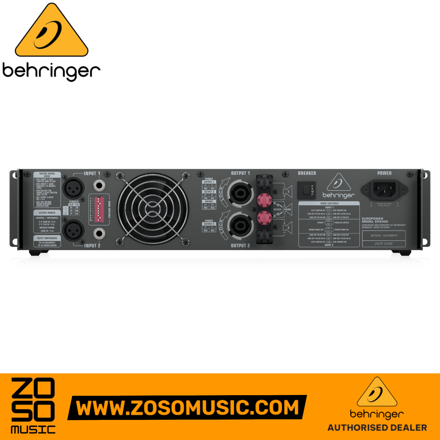 Zoso Music Behringer Europower EP2000 power amplifier rear panel view showing input and output connectivity ports