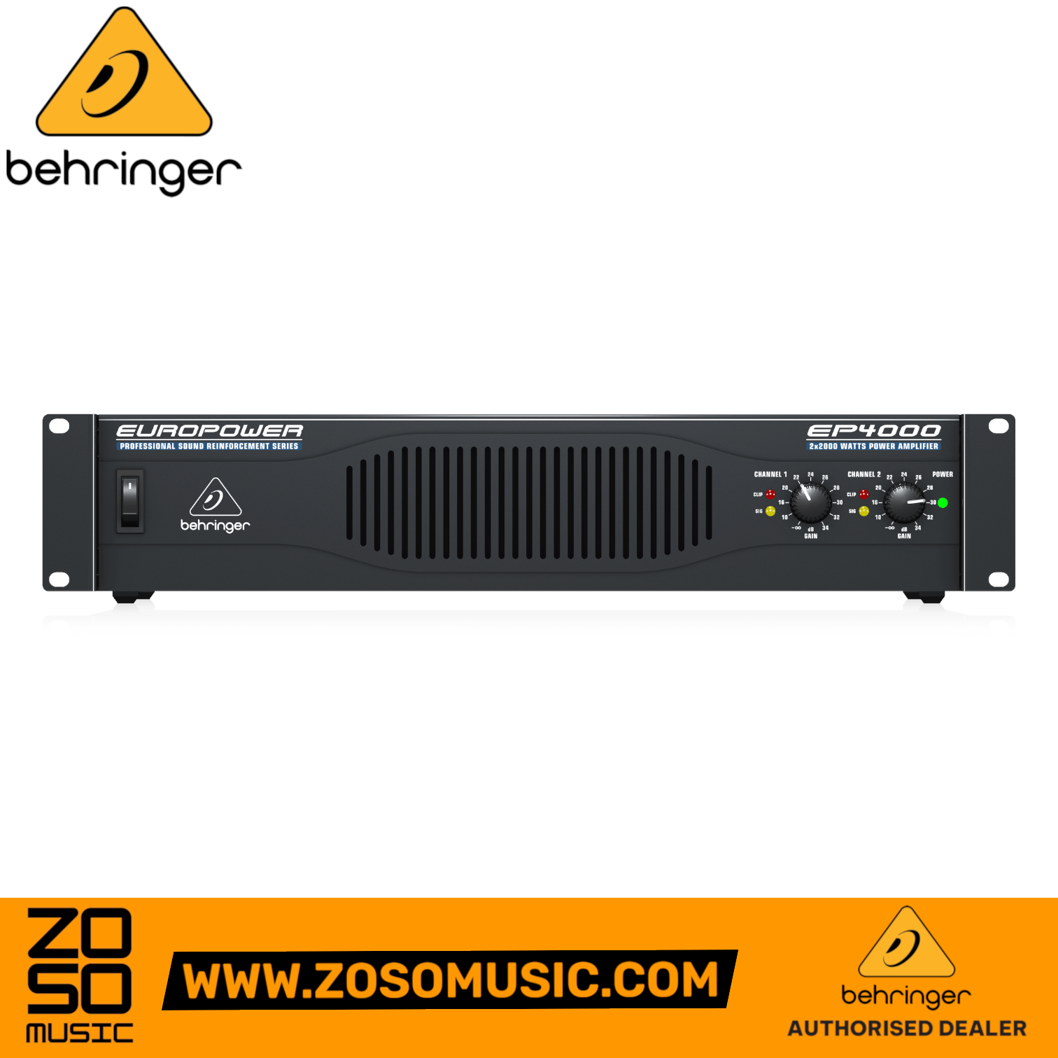 Zoso Music Behringer Europower EP4000 2-channel rackmount power amplifier with front panel gain controls and LED meters