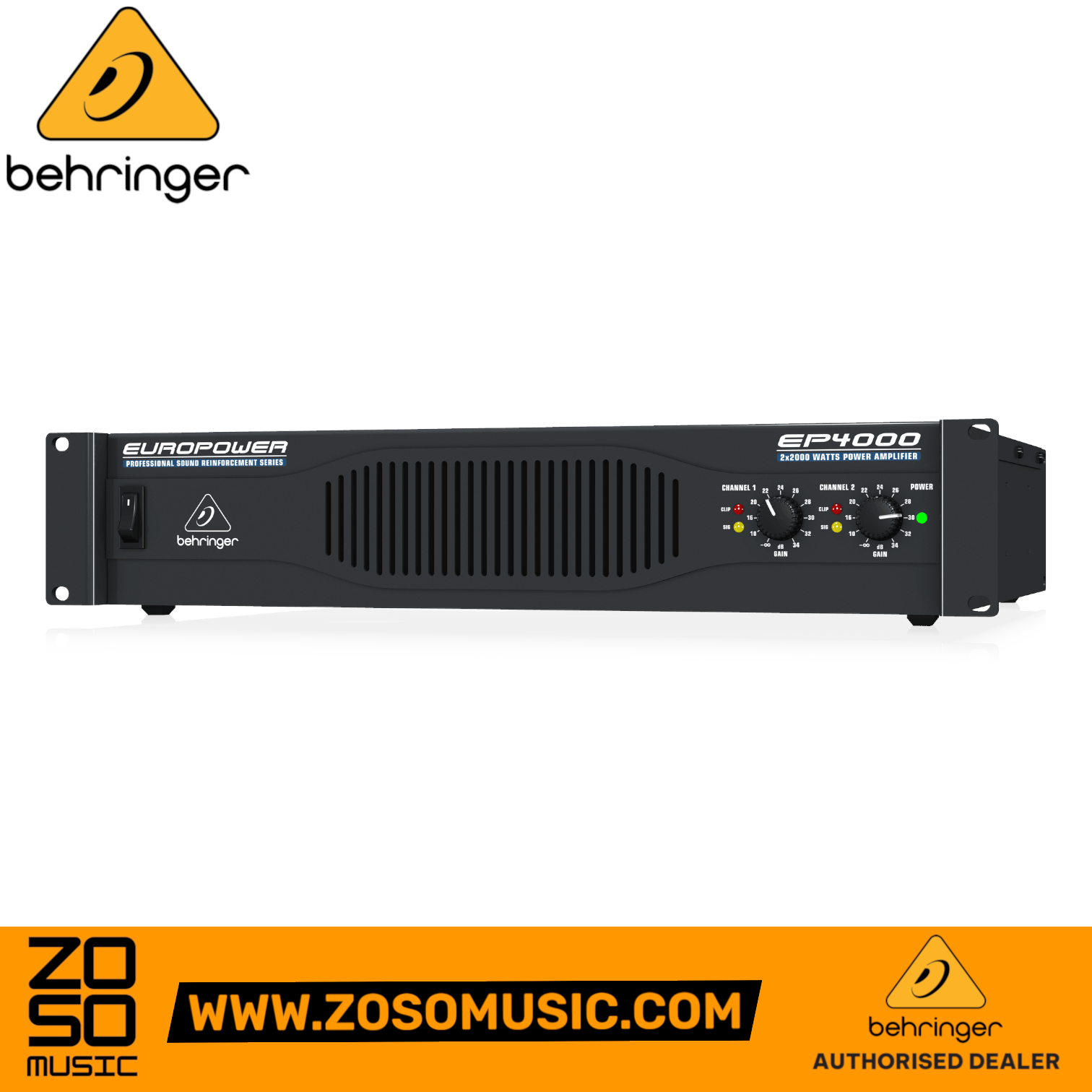 Zoso Music Behringer Europower EP4000 2-channel rackmount power amplifier with front gain controls and LED indicators