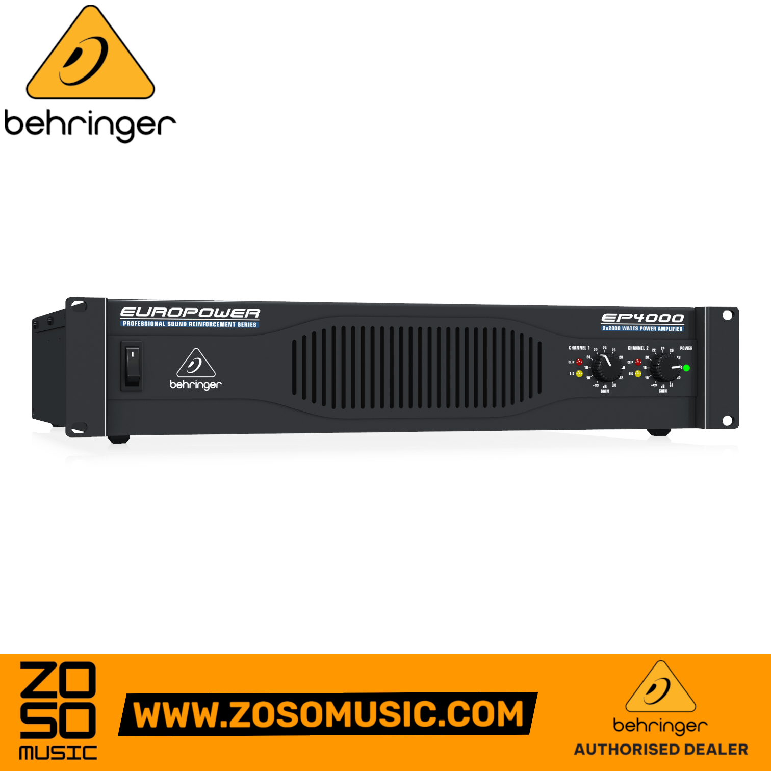 Zoso Music Behringer Europower EP4000 2-channel rackmount power amplifier in black with front gain control knobs