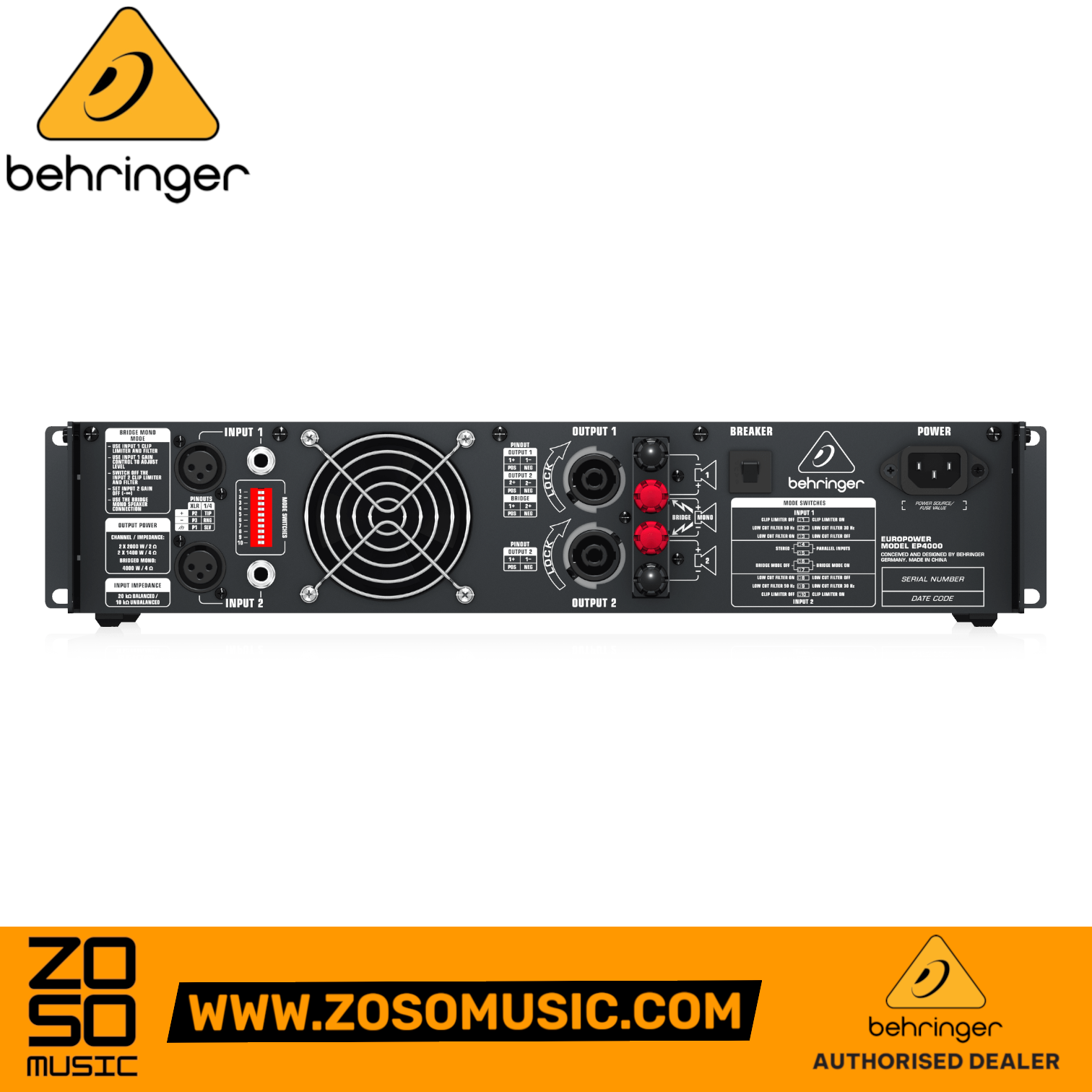 Zoso Music Behringer Europower EP4000 power amplifier rear panel showing input, output, and power connectivity ports.