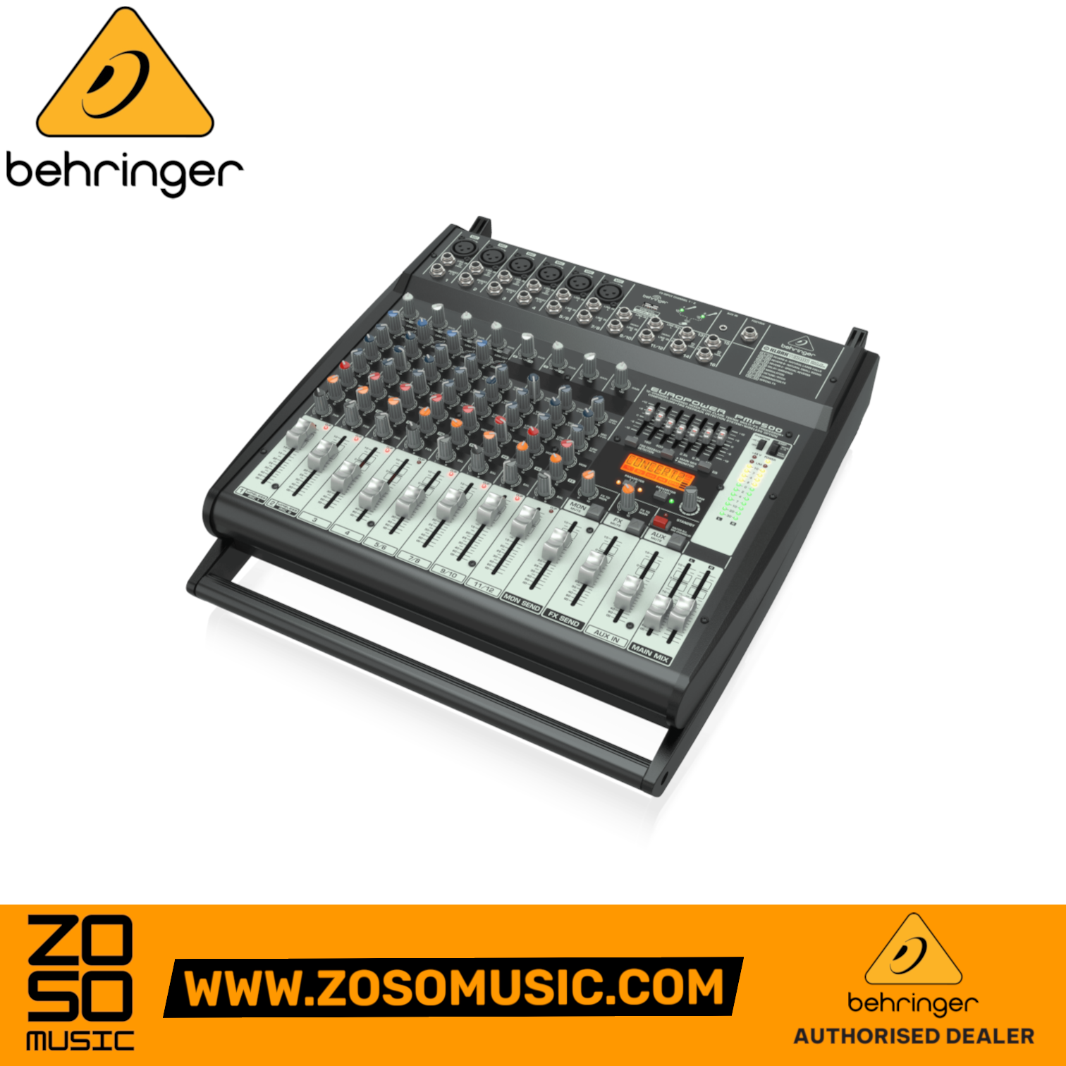 Zoso Music Behringer Europower PMP500 12-channel 500-watt powered mixer with faders, EQ, and built-in FX processor.