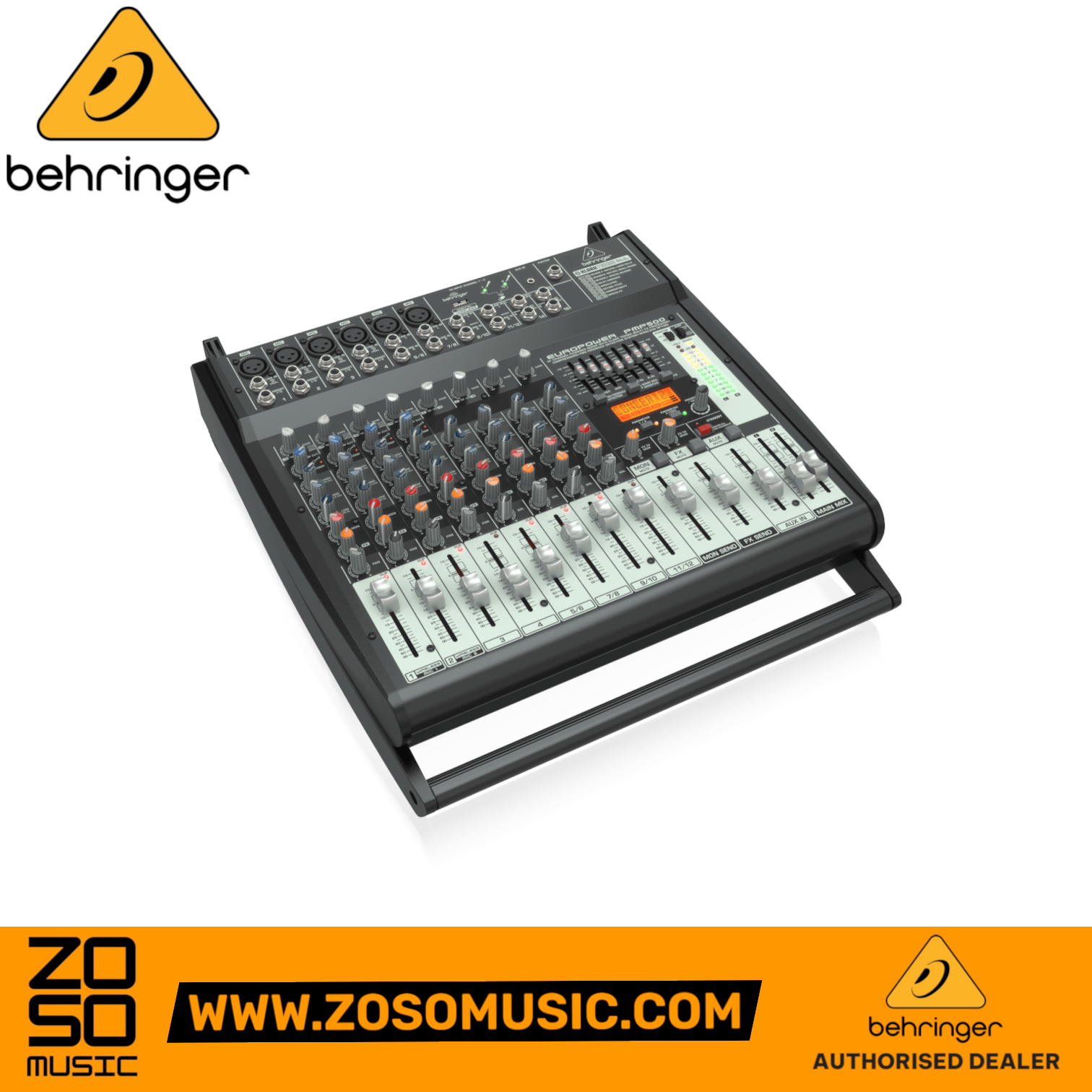 Zoso Music Behringer Europower PMP500 12-channel 500-watt powered mixer with faders and built-in effects processor.
