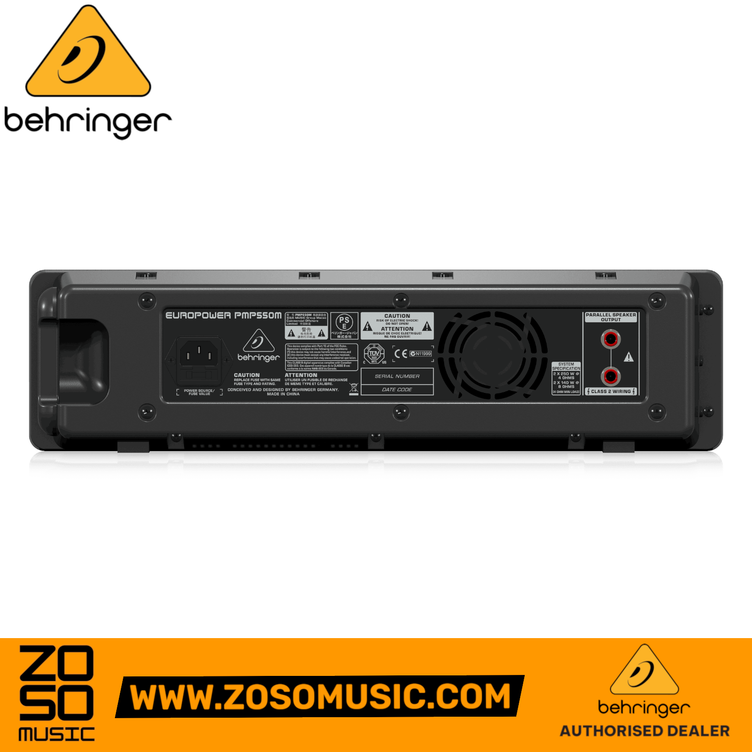 Zoso Music Behringer Europower PMP550M powered mixer rear panel showing speaker outputs and power input