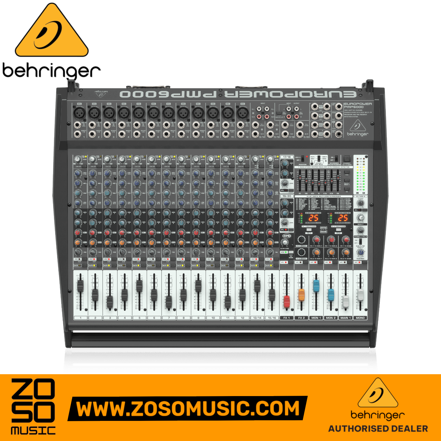 Zoso Music Behringer Europower PMP6000 16-channel 1600-watt powered mixer with dual FX processors and graphic EQ