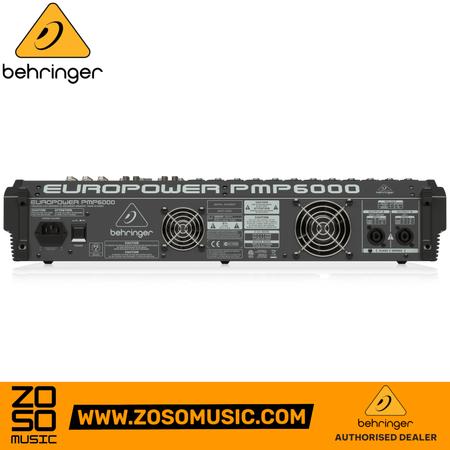 Zoso Music Behringer Europower PMP6000 16-channel powered mixer rear panel showing power and output connections