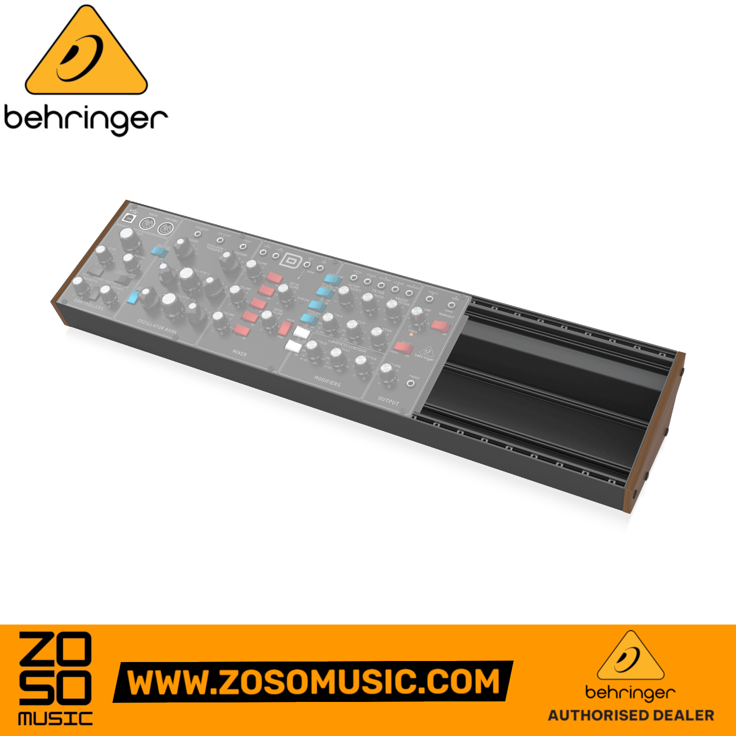 Zoso Music Behringer EURORACK 104 unpowered case with aluminum chassis and wooden sides holding a synth module