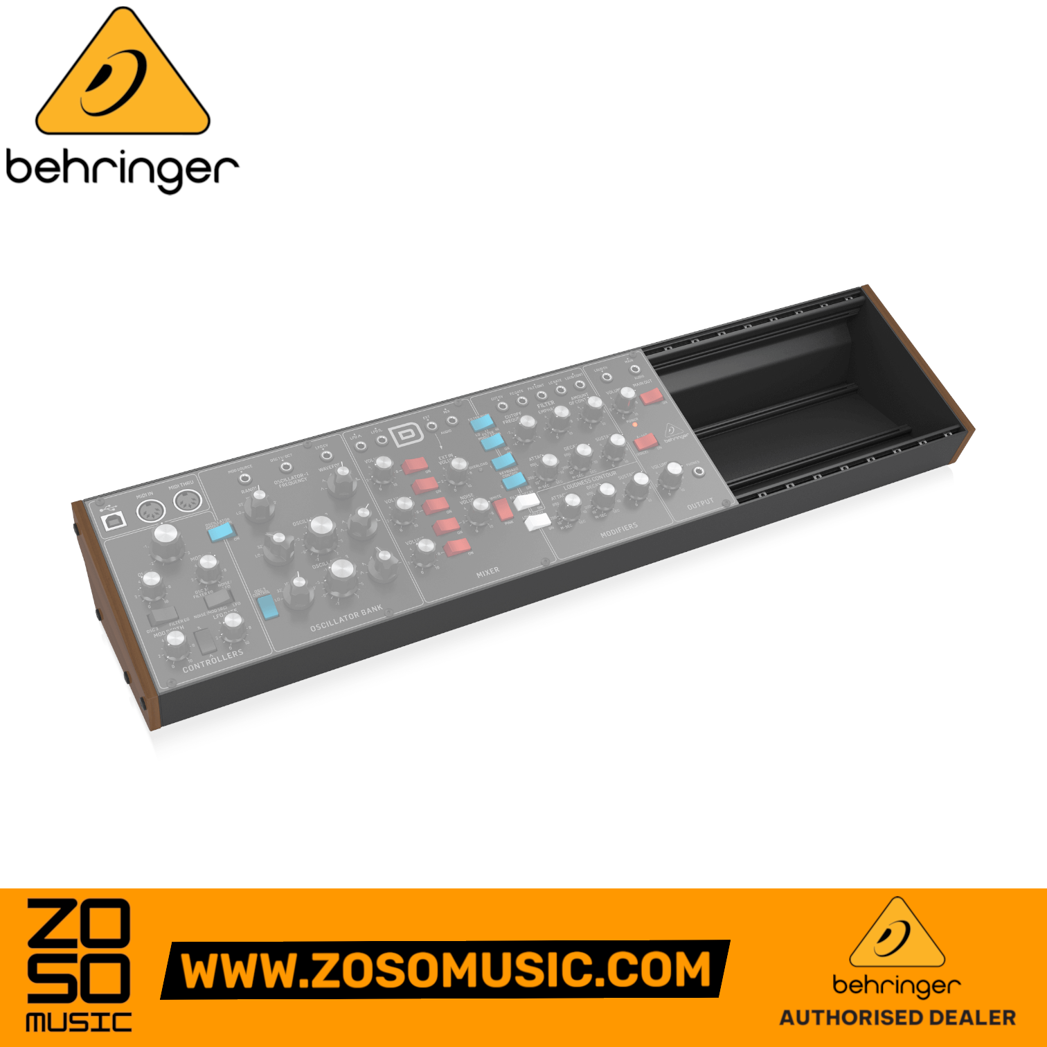 Zoso Music Behringer EURORACK 104 unpowered case with aluminum chassis and wooden side panels holding synth modules