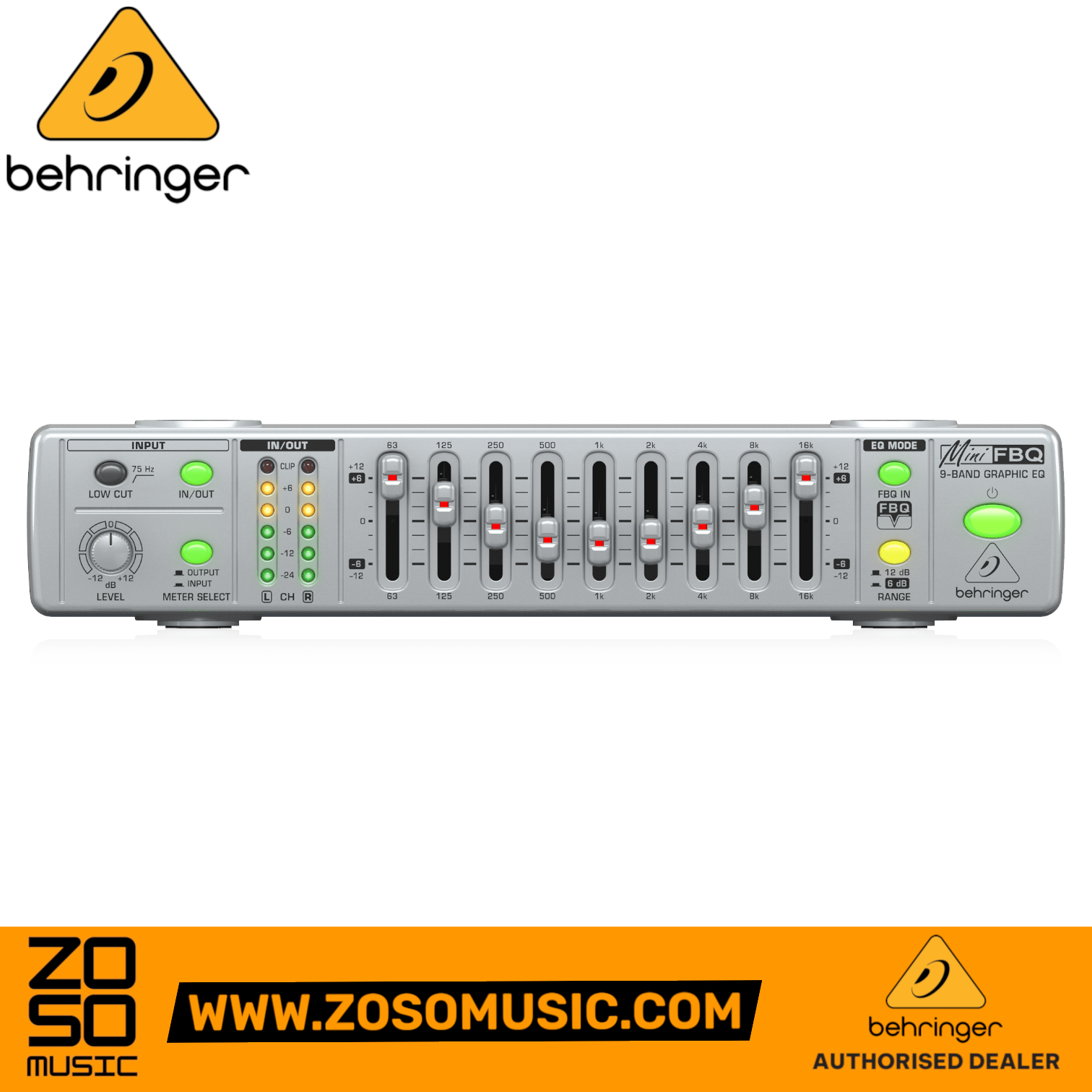 Zoso Music Behringer FBQ800 9-band graphic equalizer with LED feedback detection faders and compact silver metal chassis