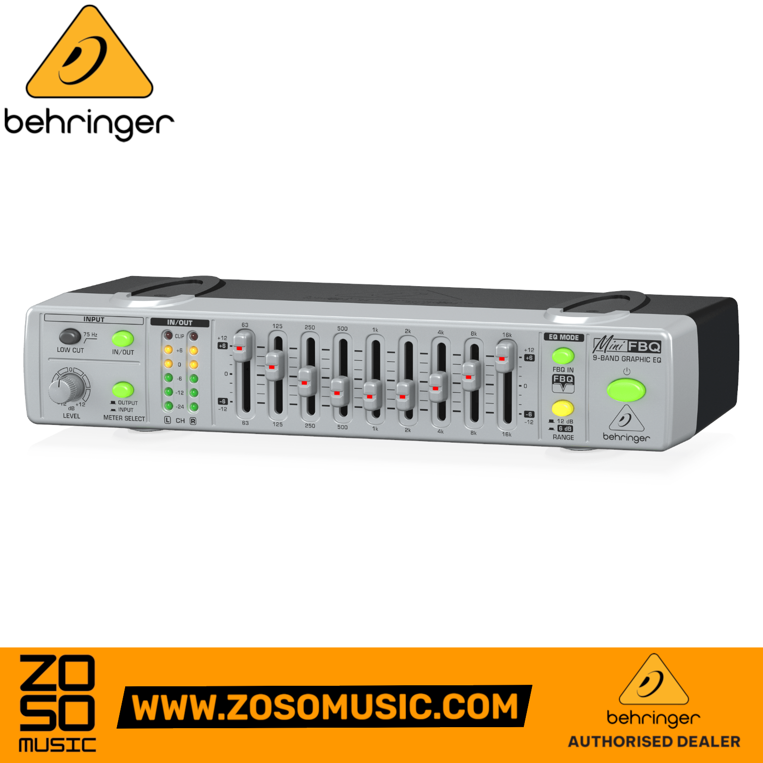 Zoso Music Behringer FBQ800 9-band graphic equalizer with illuminated faders and feedback detection system
