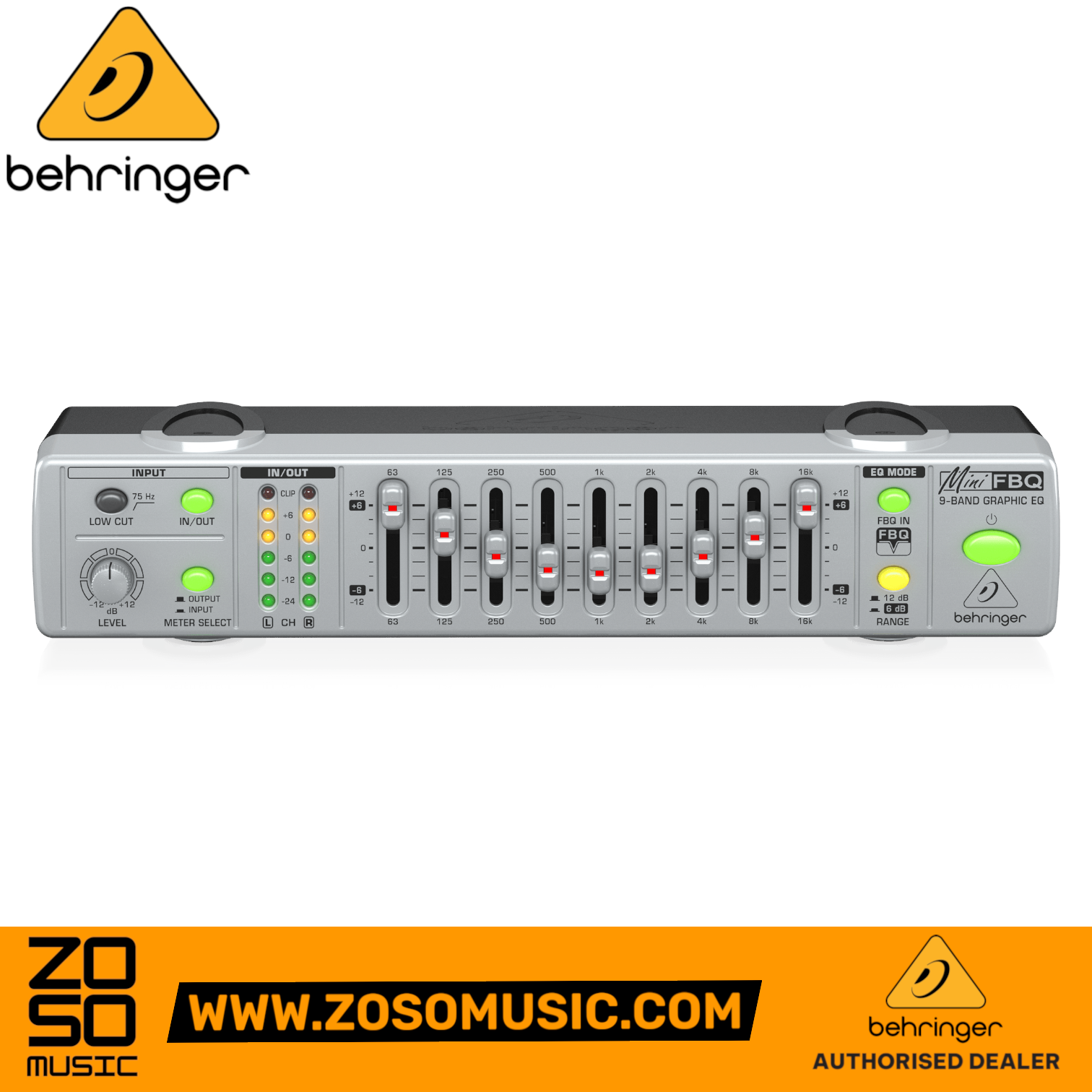 Zoso Music Behringer FBQ800 9-band graphic equalizer with LED feedback detection faders and level control