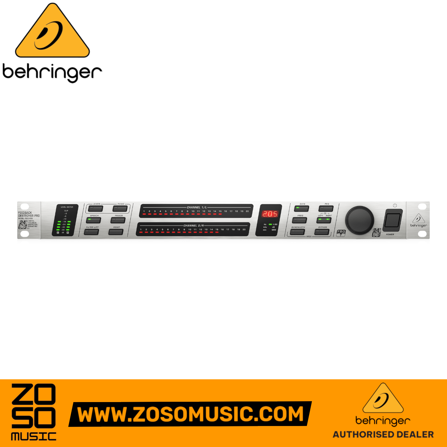 Zoso Music Behringer Pro FBQ2496 Feedback Destroyer rackmount unit with LED meters and control interface