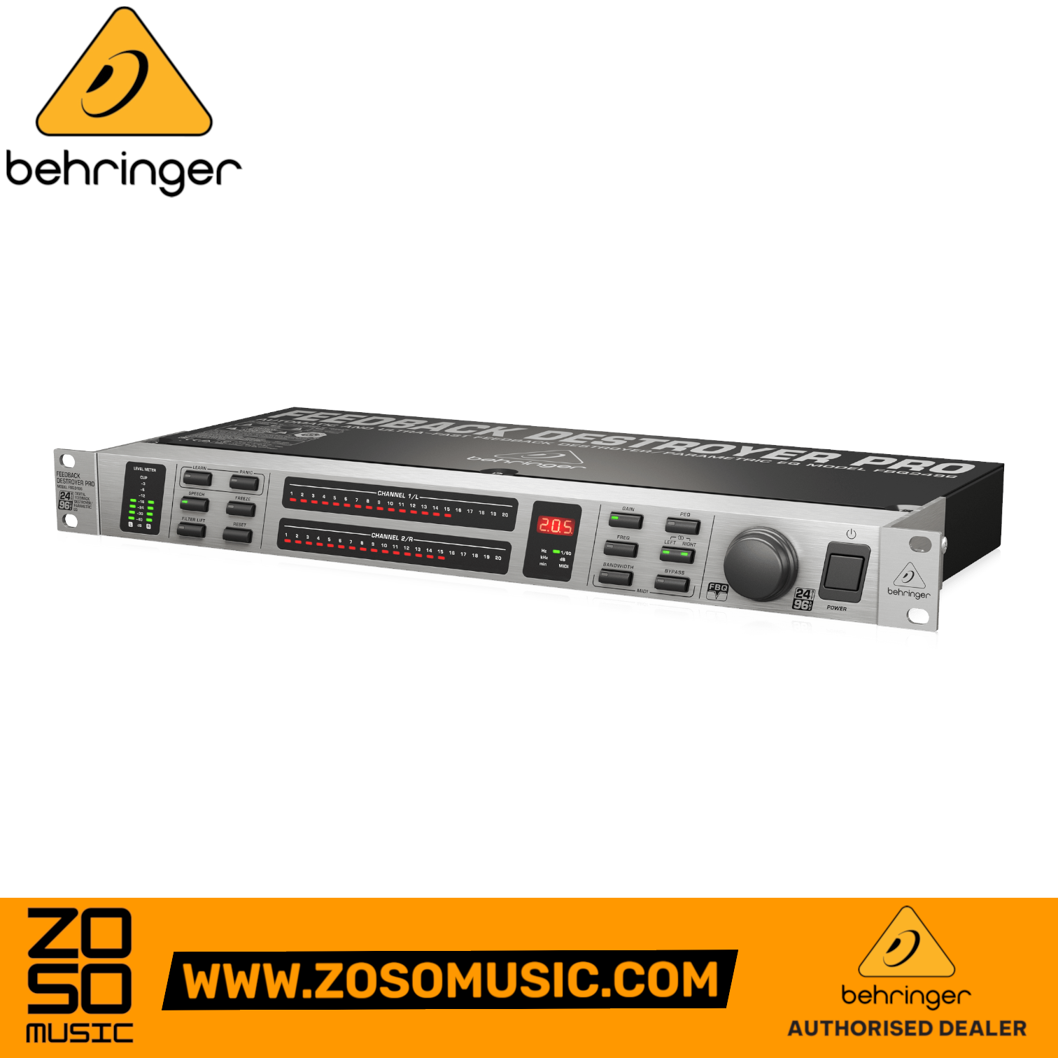 Zoso Music Behringer Pro FBQ2496 Feedback Destroyer rack-mount unit with digital display and control knobs