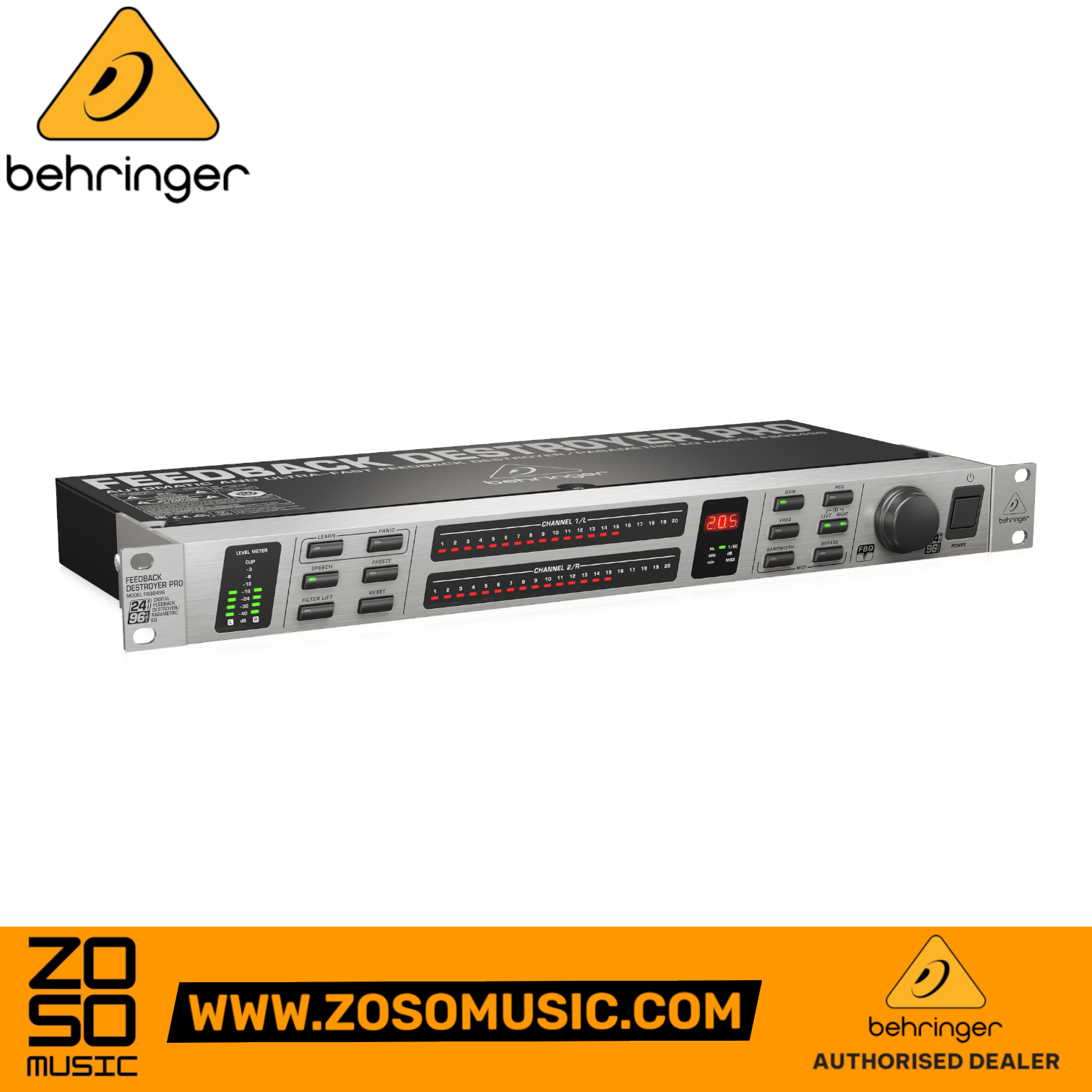 Zoso Music Behringer Pro FBQ2496 Feedback Destroyer rackmount unit with digital display and control buttons