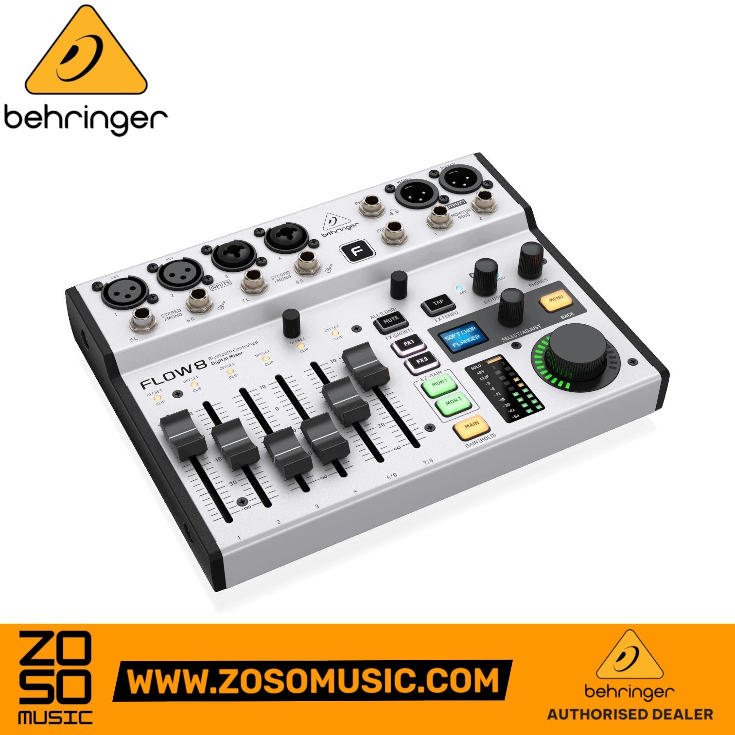 Zoso Music Behringer FLOW 8 digital mixer with 8 inputs, faders, and Bluetooth connectivity for live sound mixing.