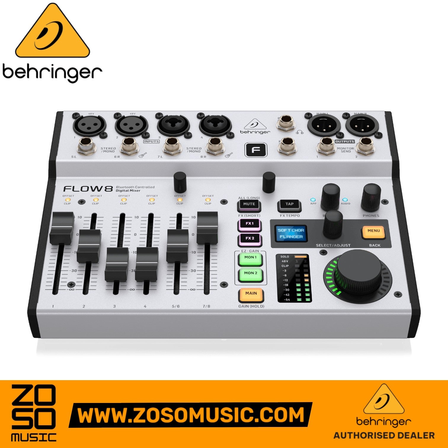 Zoso Music Behringer FLOW 8 digital mixer with 8 inputs, faders, and Bluetooth control for live sound and recording.