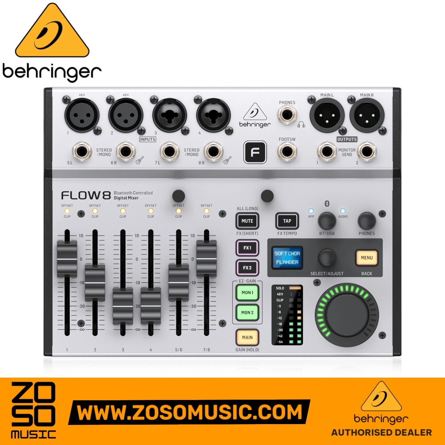 Zoso Music Behringer FLOW 8 digital mixer with faders, Midas preamps, Bluetooth, and USB interface for live sound.