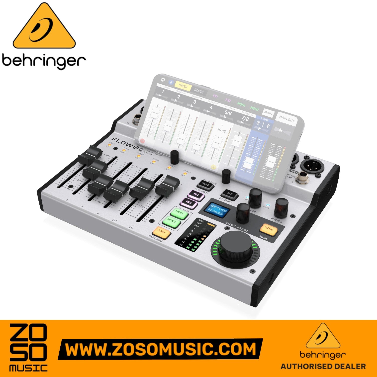 Zoso Music Behringer FLOW 8 digital mixer with smartphone app interface showing faders and settings on a white background