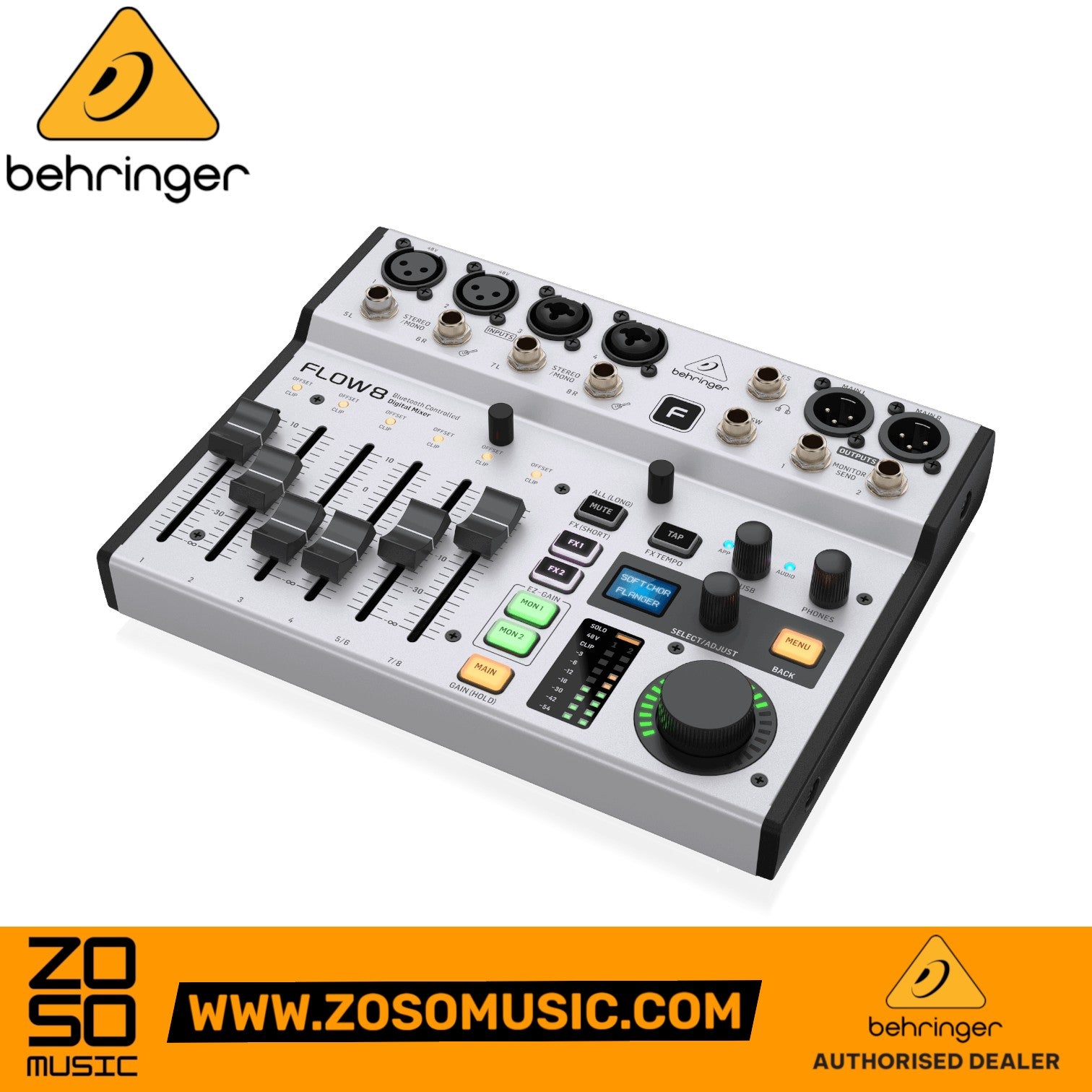 Behringer FLOW 8 digital mixer from Zoso Music featuring 8 inputs, Bluetooth connectivity, and 60mm channel faders.
