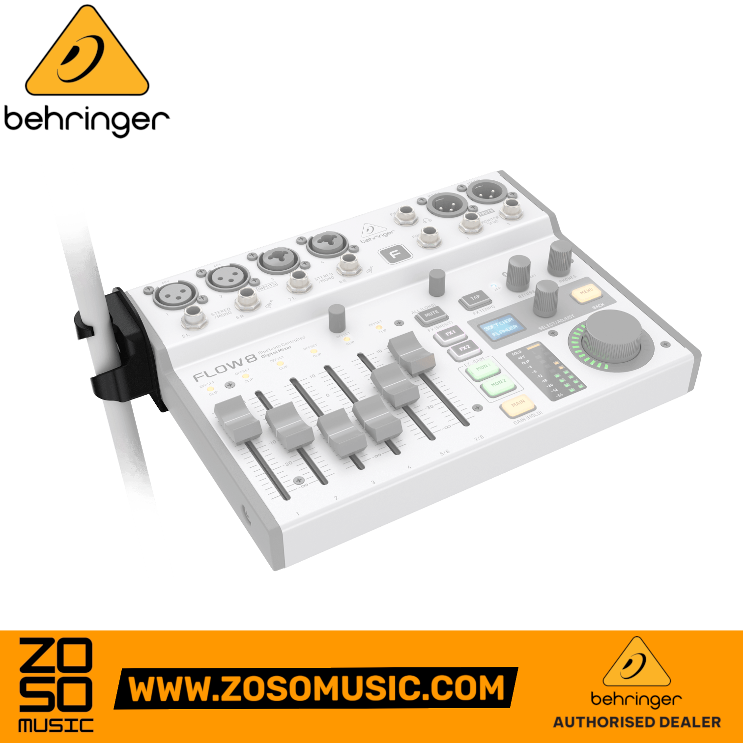 Zoso Music Behringer Flow Clamp attached to a digital mixer on a microphone stand for easy control access