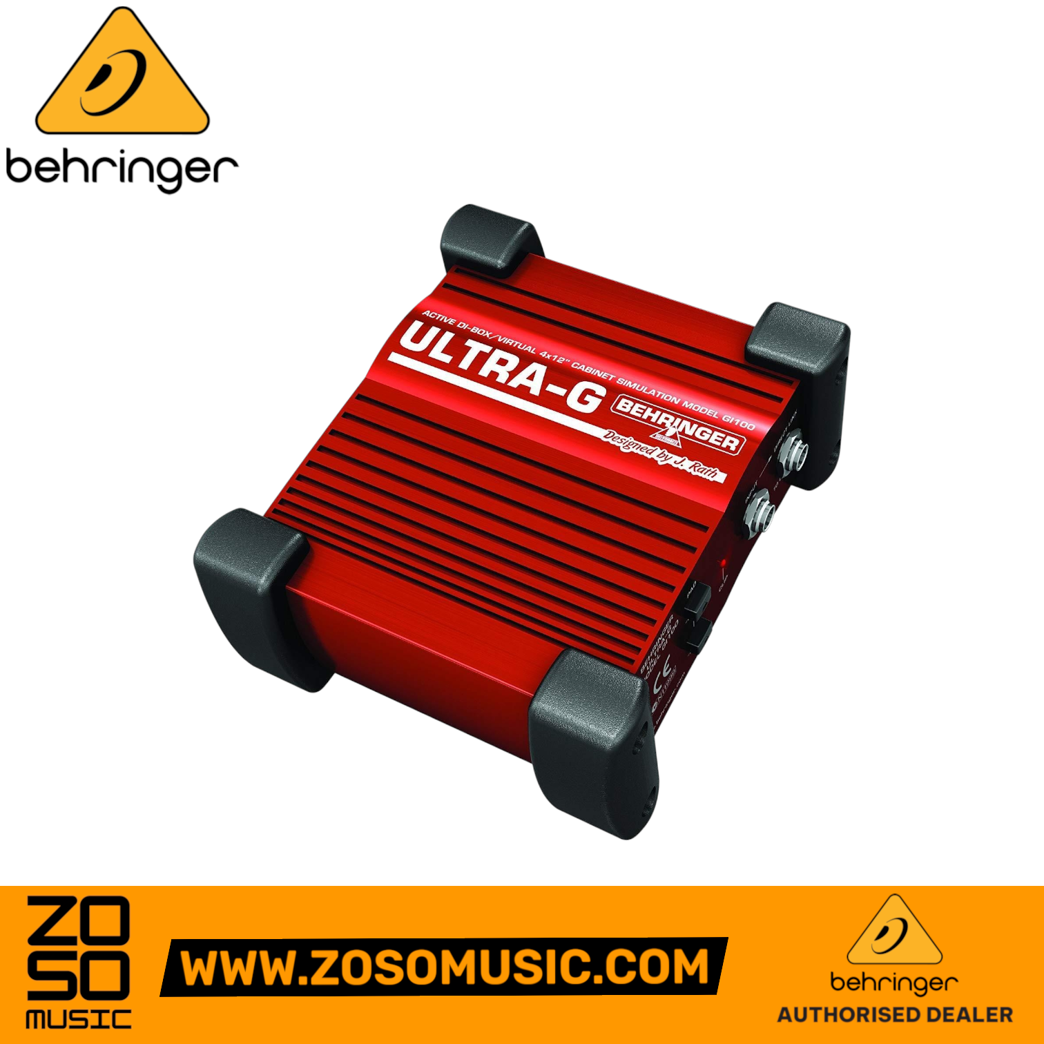 Zoso Music Behringer GI100 Ultra-G active DI box in a rugged red aluminum case with 4x12 cabinet simulation.