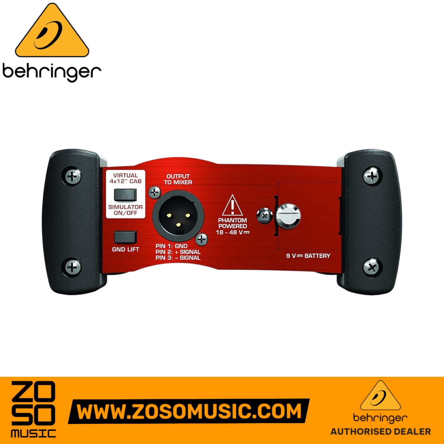 Zoso Music Behringer GI100 active DI box with cabinet simulation in a rugged red aluminum case, rear panel view.