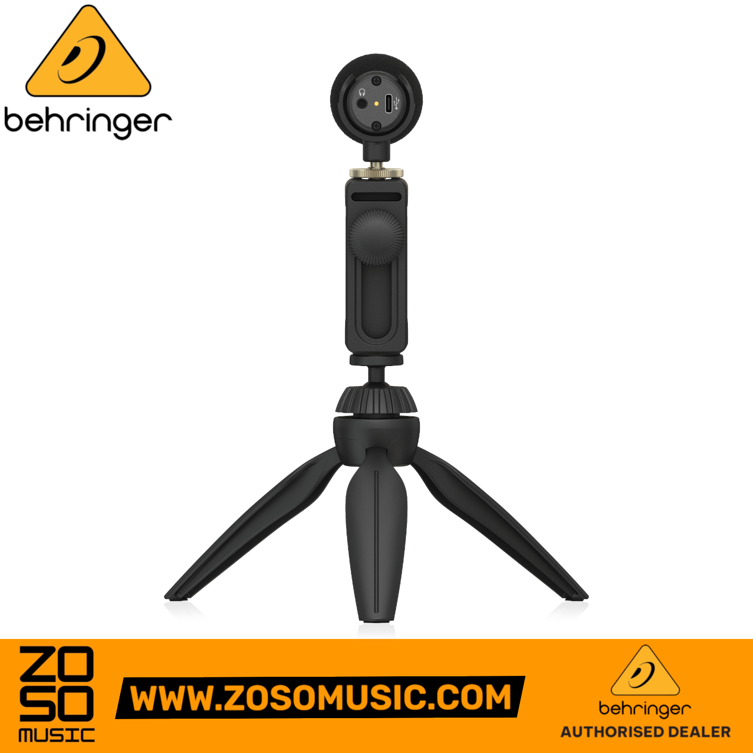 Zoso Music Behringer GO VIDEO KIT microphone mounted on a black tripod stand for vlogging and video production