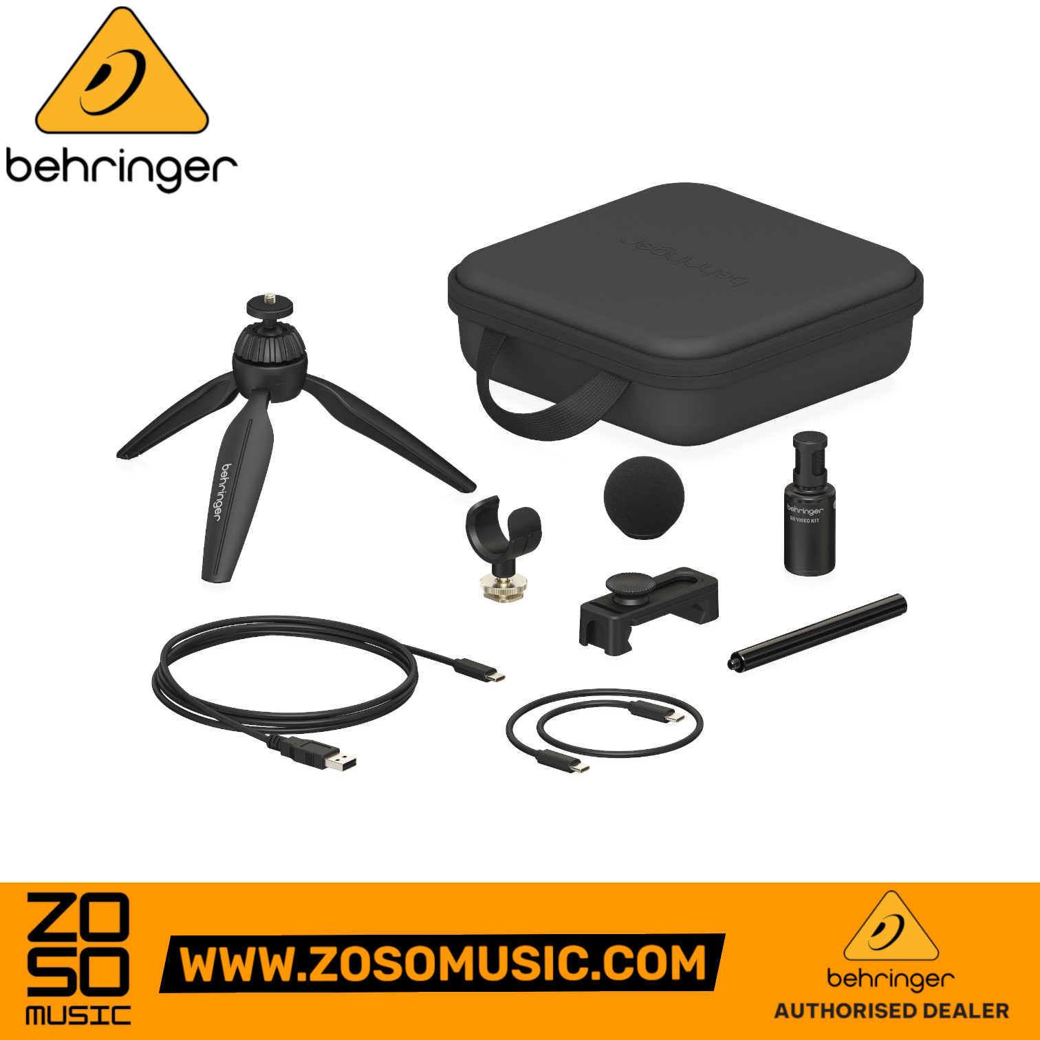 Zoso Music Behringer GO VIDEO KIT including microphone, tripod, smartphone clamp, cables, and protective carry case.