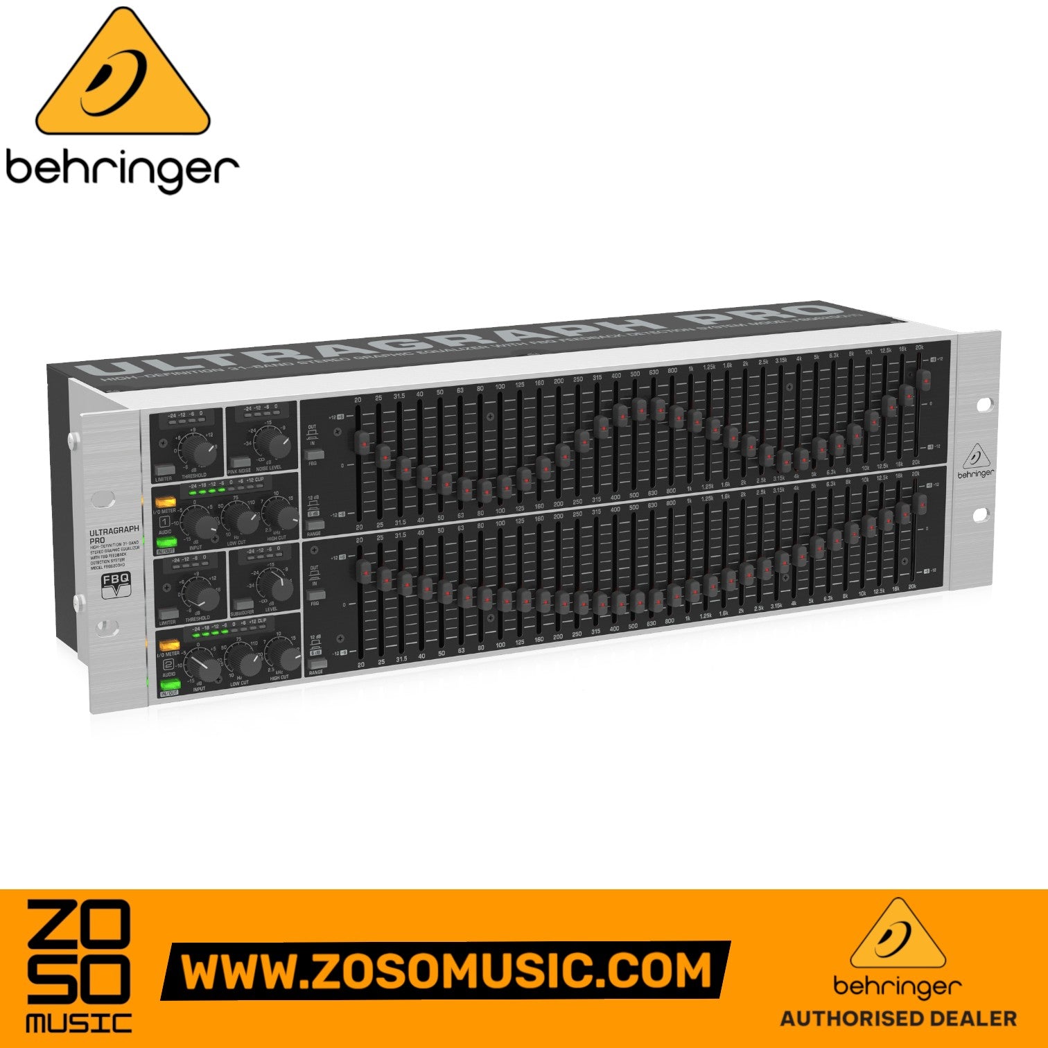 Zoso Music Behringer FBQ6200HD 31-band stereo graphic equalizer with LED sliders and feedback detection system