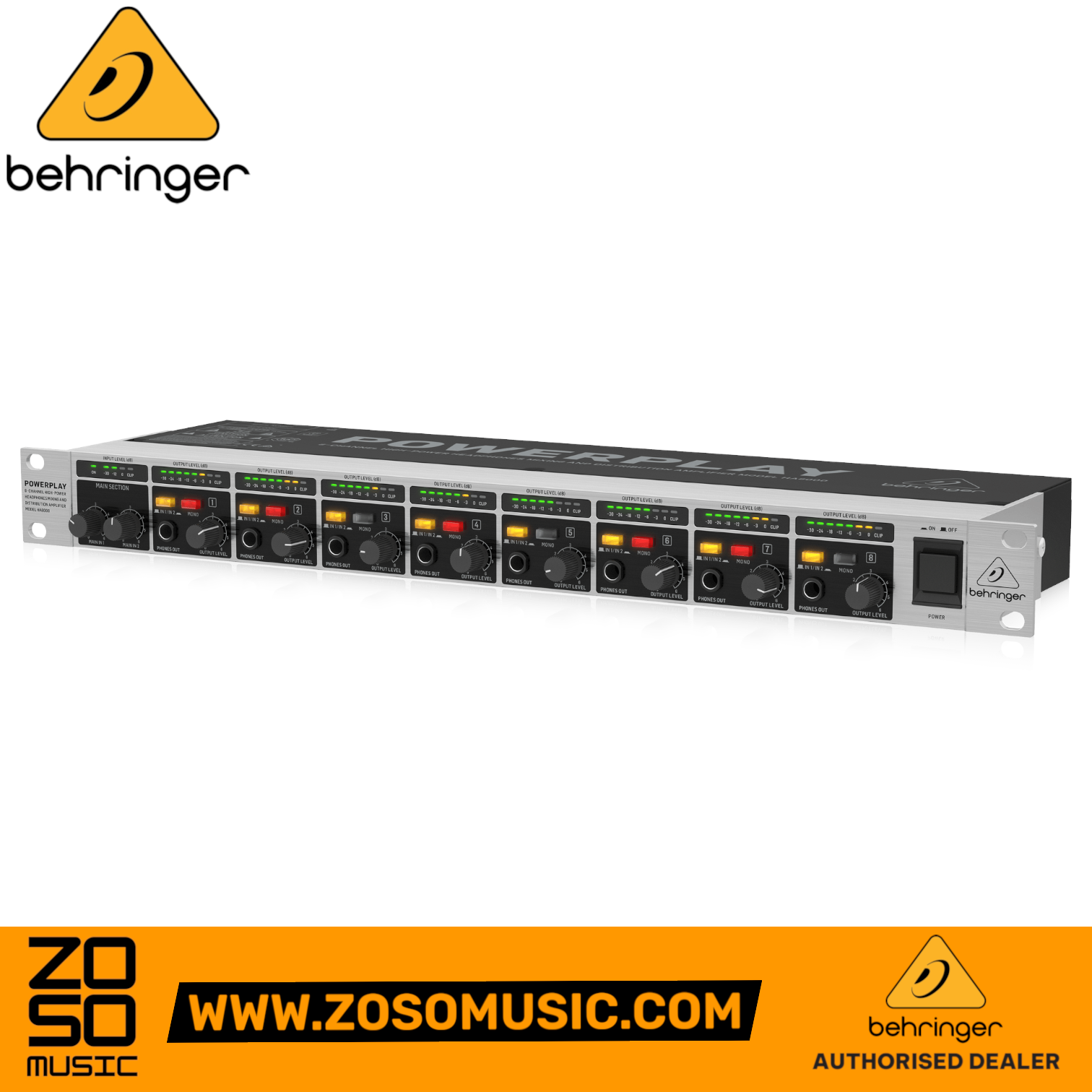 Zoso Music Behringer HA8000 V2 8-channel rackmount headphone amplifier with LED meters and individual volume controls