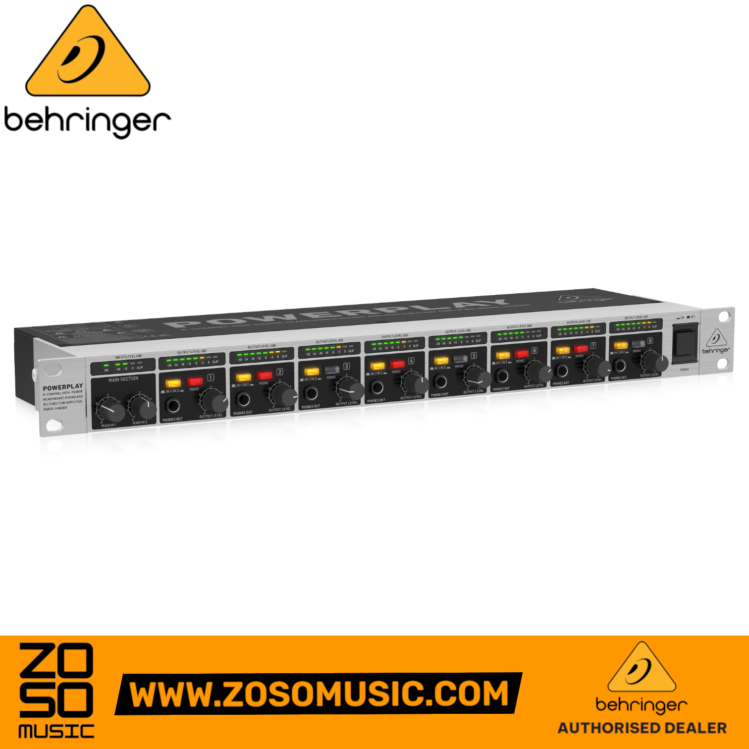 Zoso Music Behringer HA8000 V2 8-channel rackmount headphone amplifier with LED level meters and front panel controls