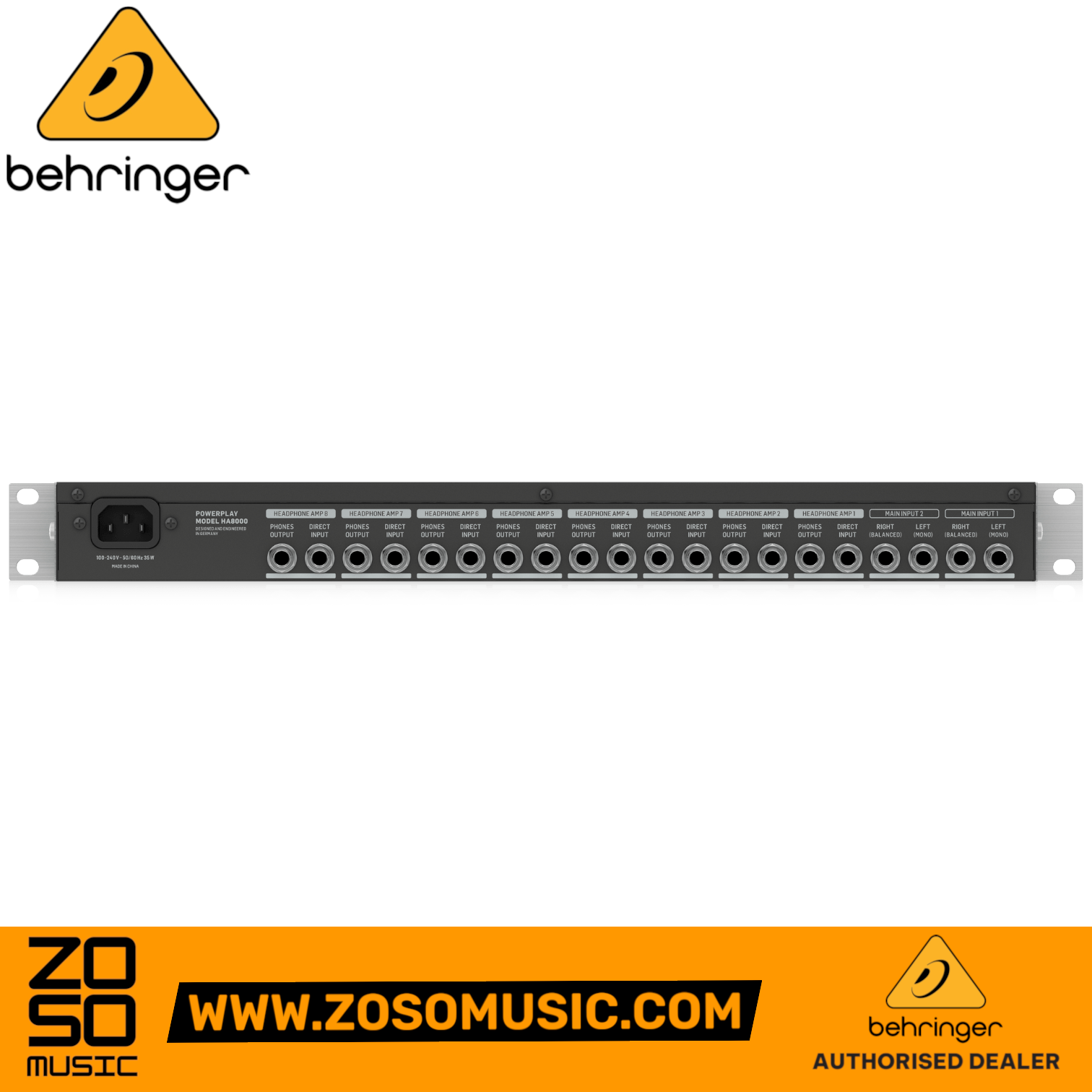 Zoso Music Behringer HA8000 V2 8-channel headphone amplifier rear panel showing multiple TRS input and output jacks