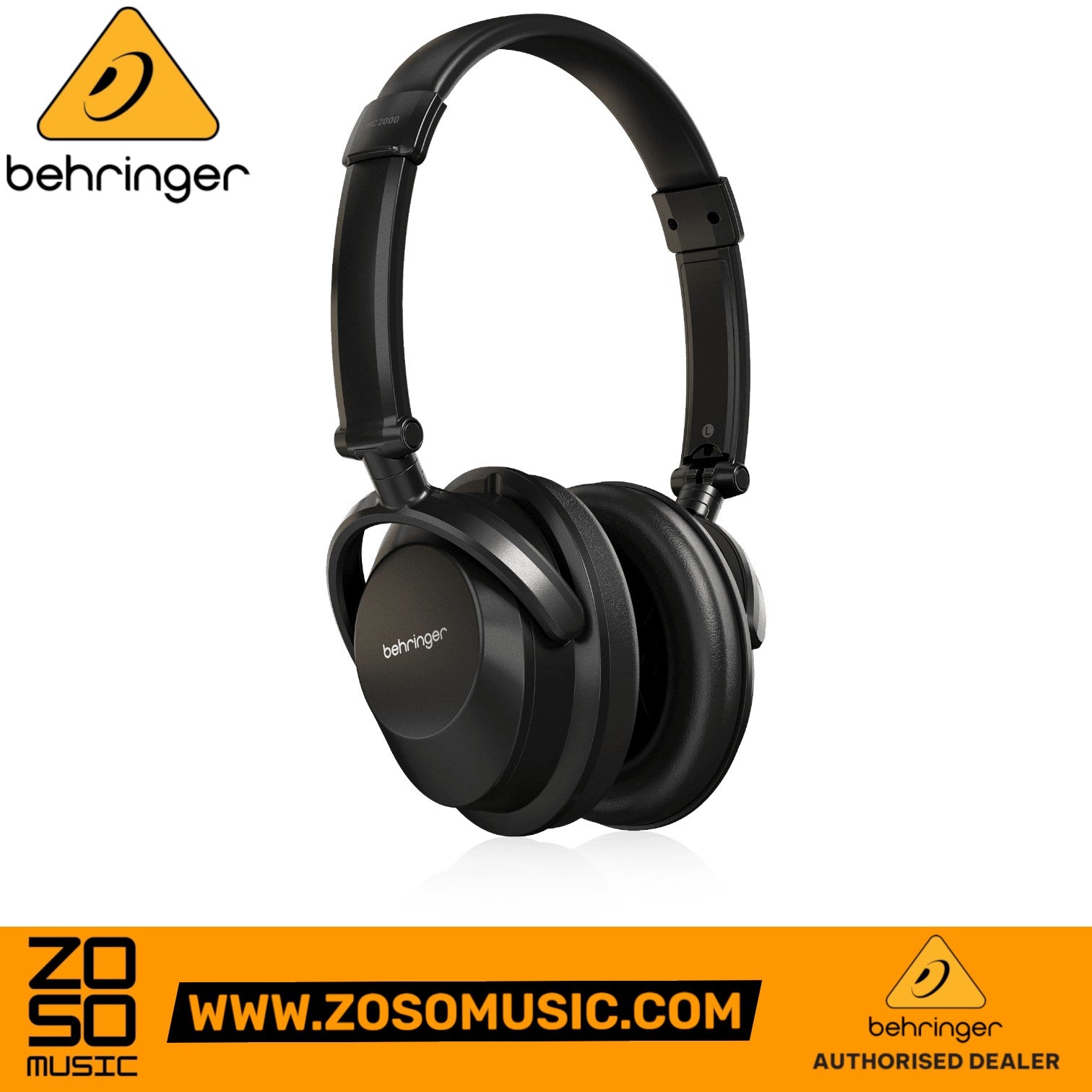 Zoso Music Behringer HC2000 black closed-back studio monitoring headphones with foldable design and padded ear cups