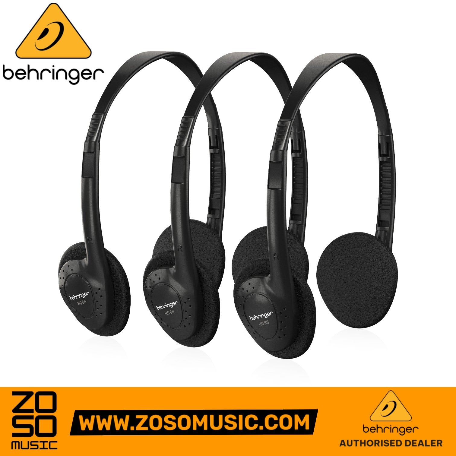 Zoso Music Behringer HO66 lightweight black stereo headphones in a convenient 3-pack set for comfortable listening