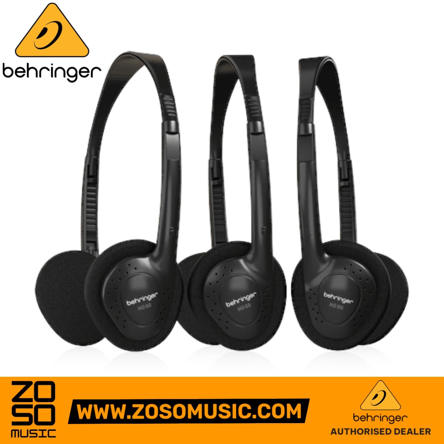 Zoso Music Behringer HO66 lightweight black stereo headphones in a convenient 3-pack set for comfortable listening