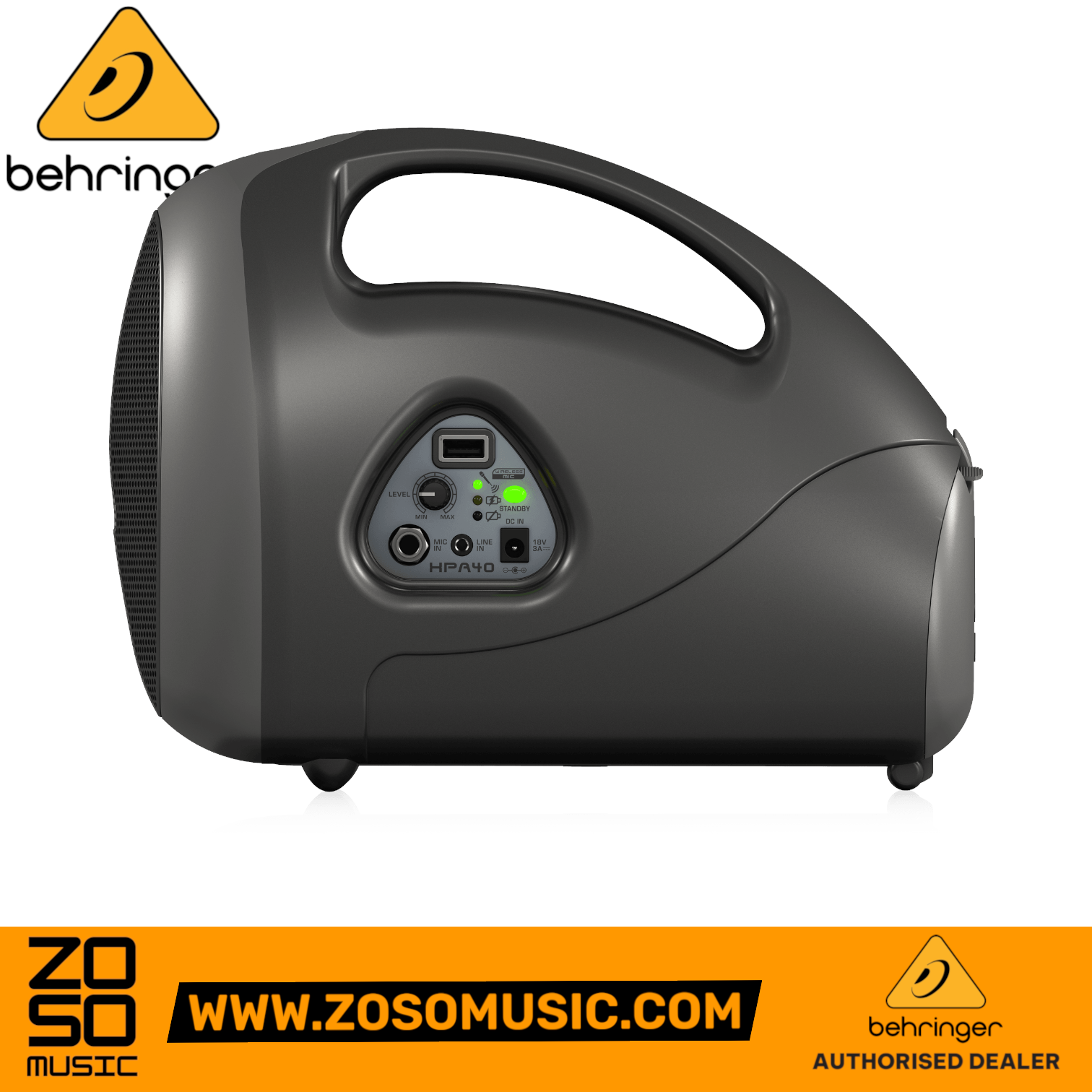 Zoso Music Behringer HPA40 portable 40-watt PA system with microphone input and volume control in a grey finish