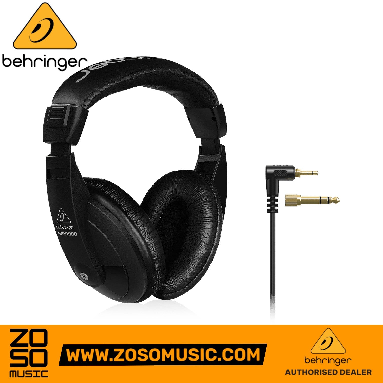 Zoso Music Behringer HPM1000 black closed-back headphones with adjustable headband and included 1/4 inch adapter
