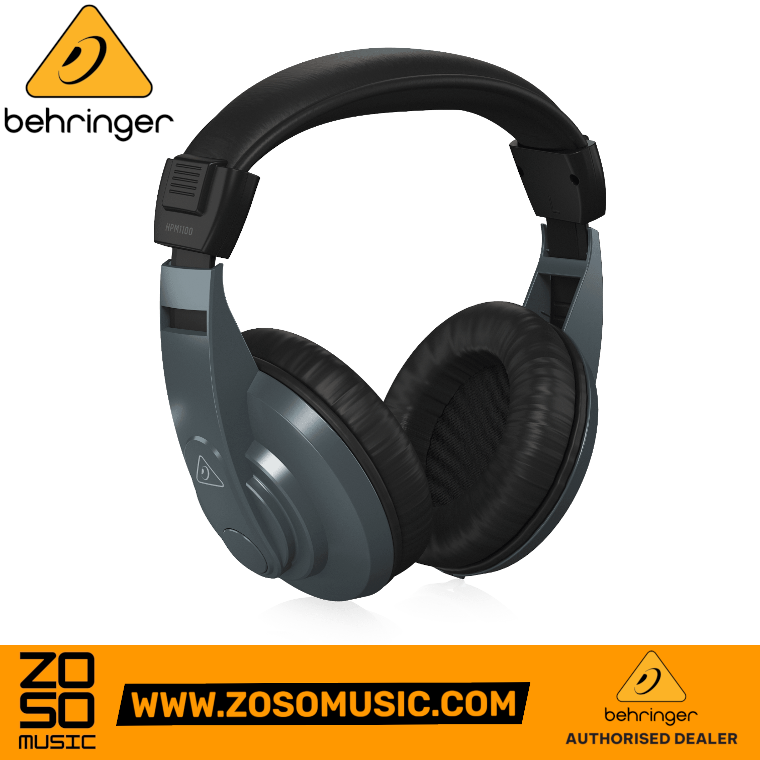 Zoso Music Behringer HPM1100 closed-back studio headphones with padded headband and soft ear cushions in dark grey